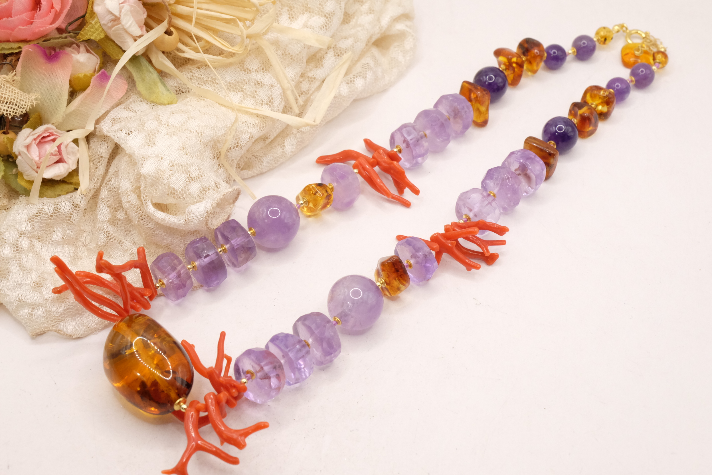 COLLANA ARTIGIANALE CORALLO AMETISTA AMBRA (1)