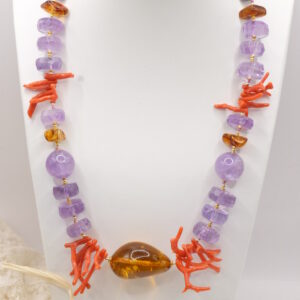 Collana Preziosa Ametista Ambra Perle Corallo Mediterraneo