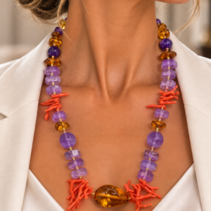Collana Preziosa Ametista Ambra Perle Corallo Mediterraneo