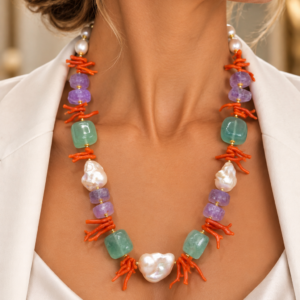 Collana Preziosa Fluorite Ametista Ambra Perle Corallo Mediterraneo