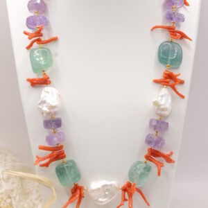 Collana Preziosa Fluorite Ametista Ambra Perle Corallo Mediterraneo