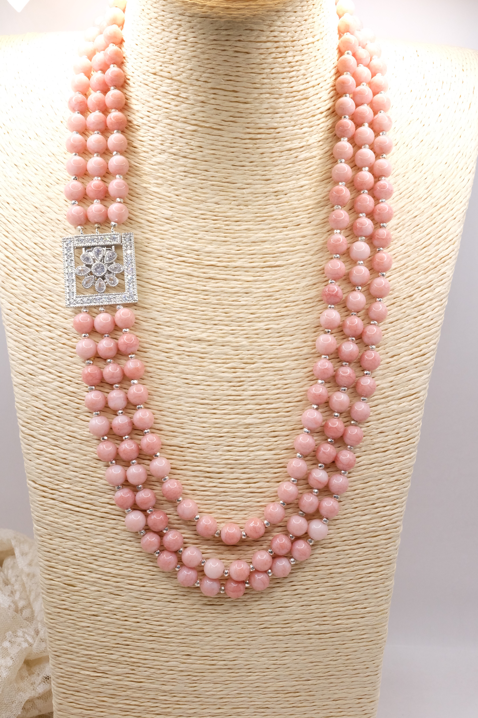 COLLANA ARTIGIANALE GIADA ROSA CHIUSURA ZIRCONATA 3 FILI MULTIFILO (2)