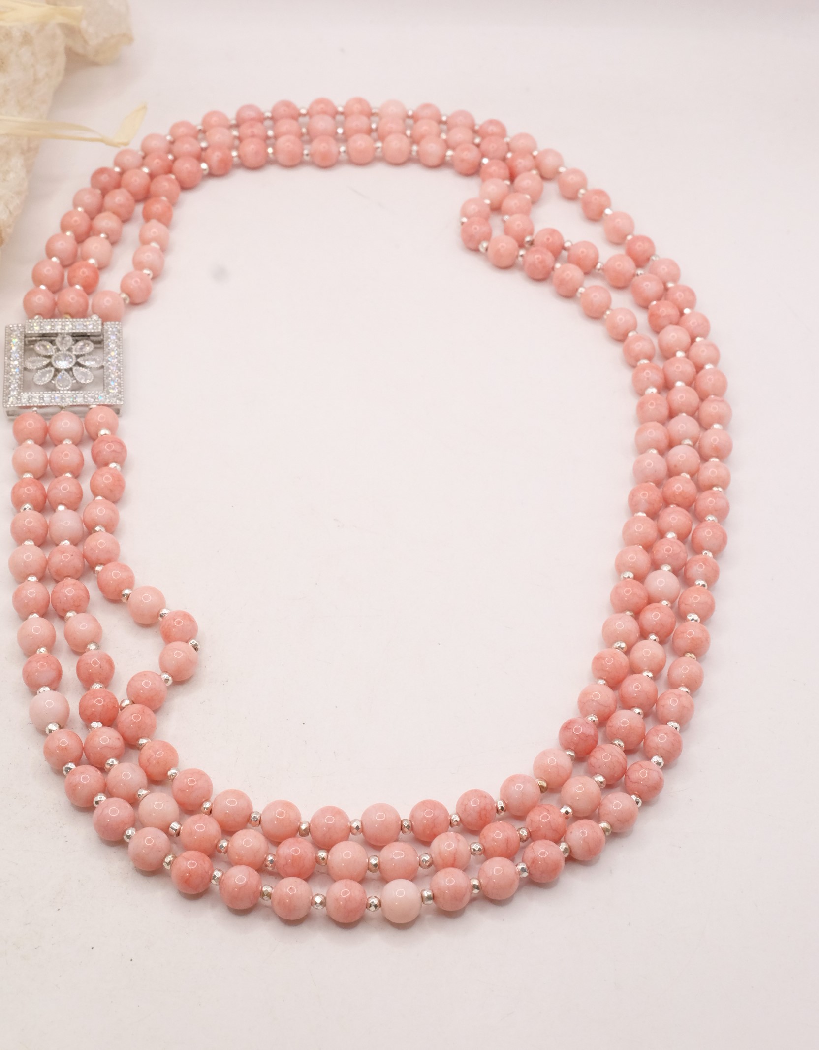 COLLANA ARTIGIANALE GIADA ROSA CHIUSURA ZIRCONATA 3 FILI MULTIFILO (3)