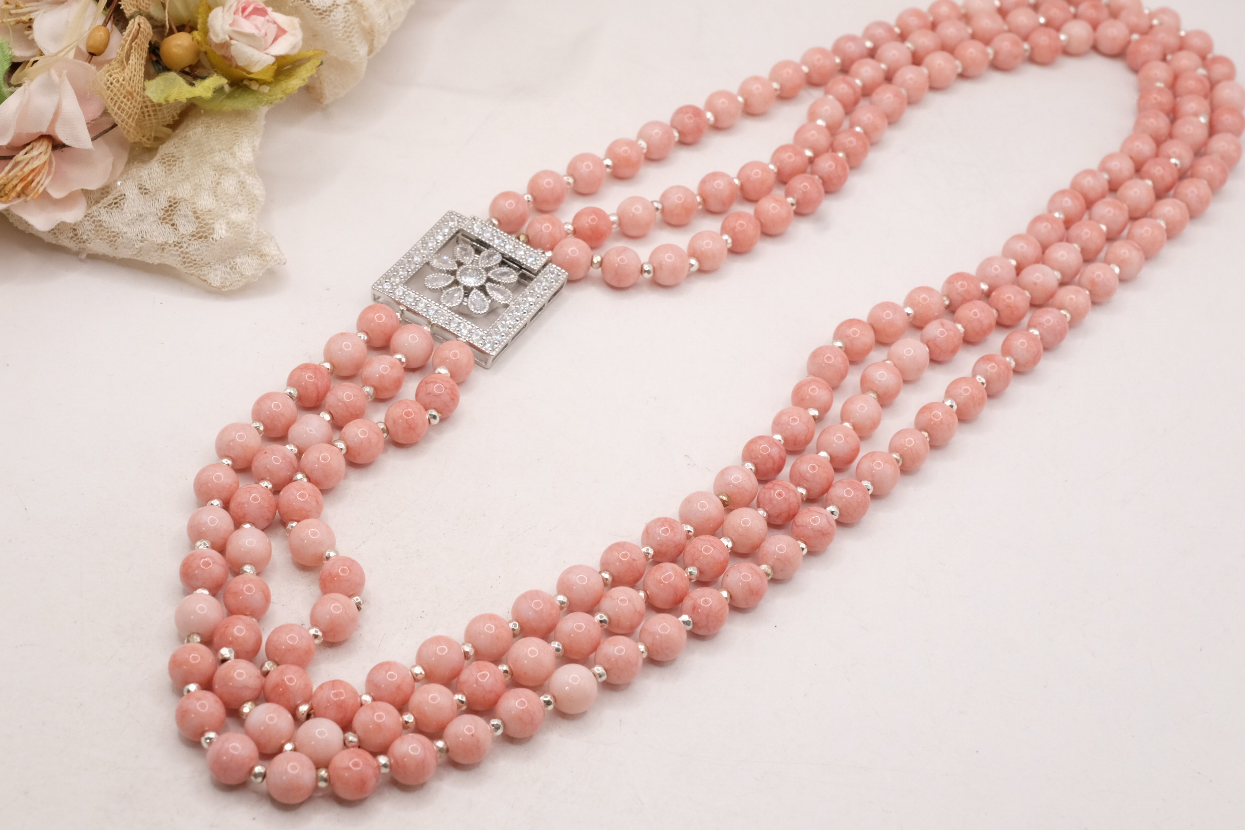 COLLANA ARTIGIANALE GIADA ROSA CHIUSURA ZIRCONATA 3 FILI MULTIFILO (4)