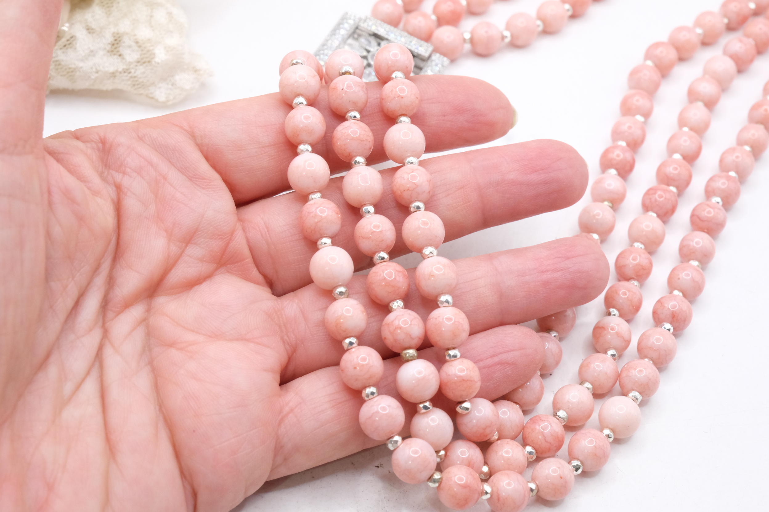 COLLANA ARTIGIANALE GIADA ROSA CHIUSURA ZIRCONATA 3 FILI MULTIFILO (5)