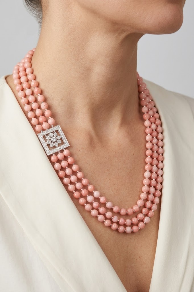 COLLANA ARTIGIANALE GIADA ROSA CHIUSURA ZIRCONATA 3 FILI MULTIFILO