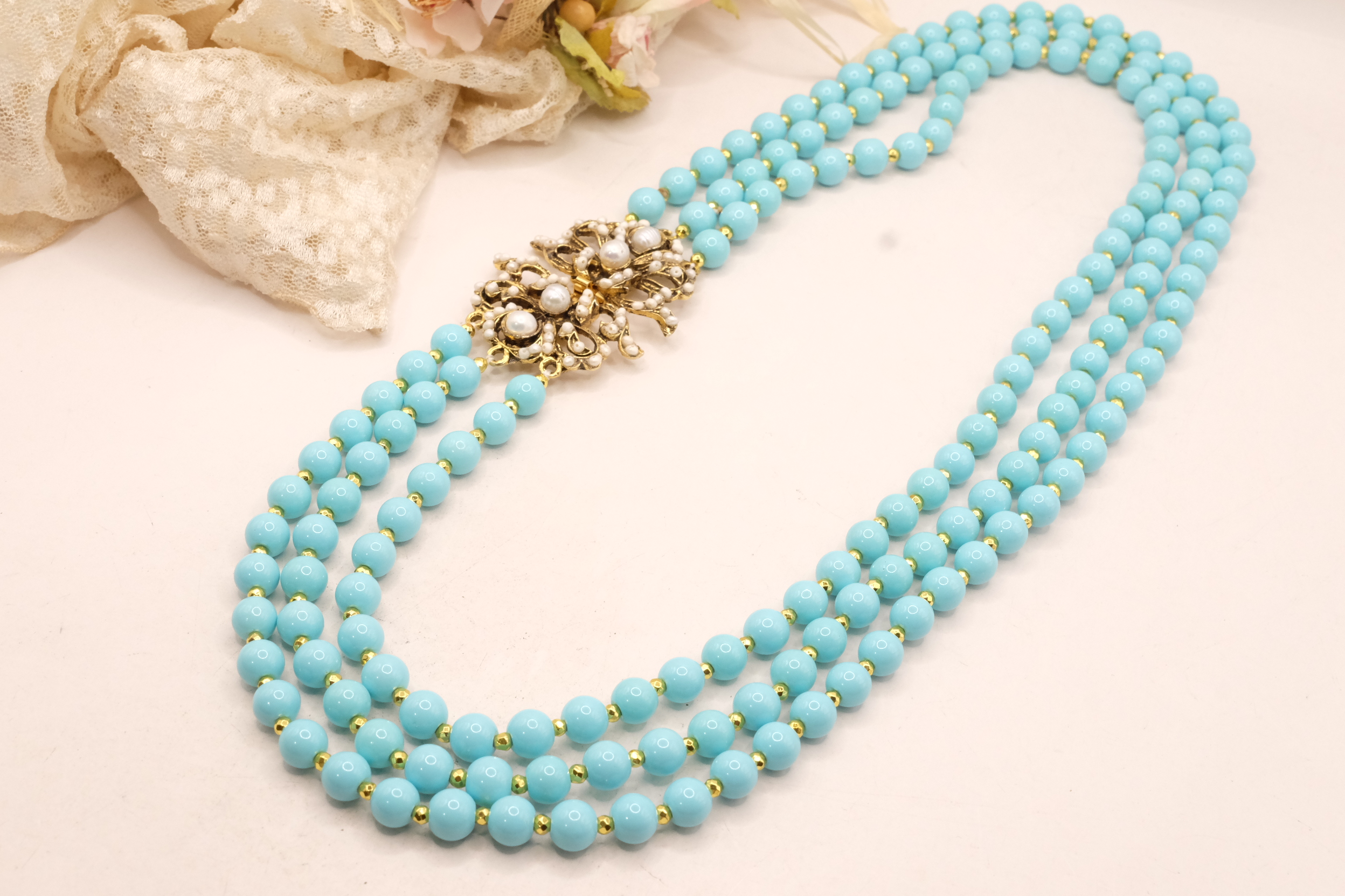 COLLANA ARTIGIANALE MULTIFILO 3 FILI PASTA DI TURCHESE CHIUSURA GIOIELLO (2)