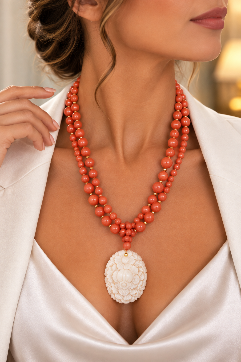 HANDMADE MULTI-STREAM NECKLACE WITH CORAL PASTE AND CAMEO PENDANT FROM TORRE DEL GRECO (1)