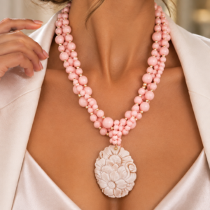 Collana Multifilo Pasta di Corallo Rosa e Cammeo di Torre del Greco