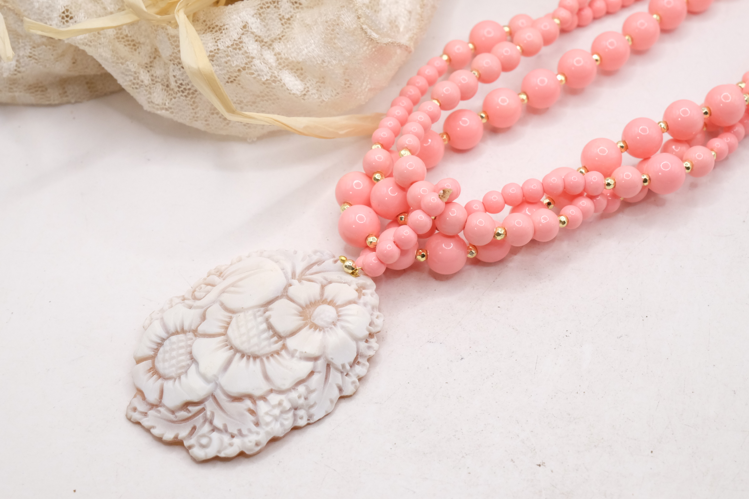 COLLANA ARTIGIANALE MULTIFILO PASTA DI CORALLO ROSA SALMONE PENDENTE CAMMEO GENUINO DI TORRE DEL GRECO (1)