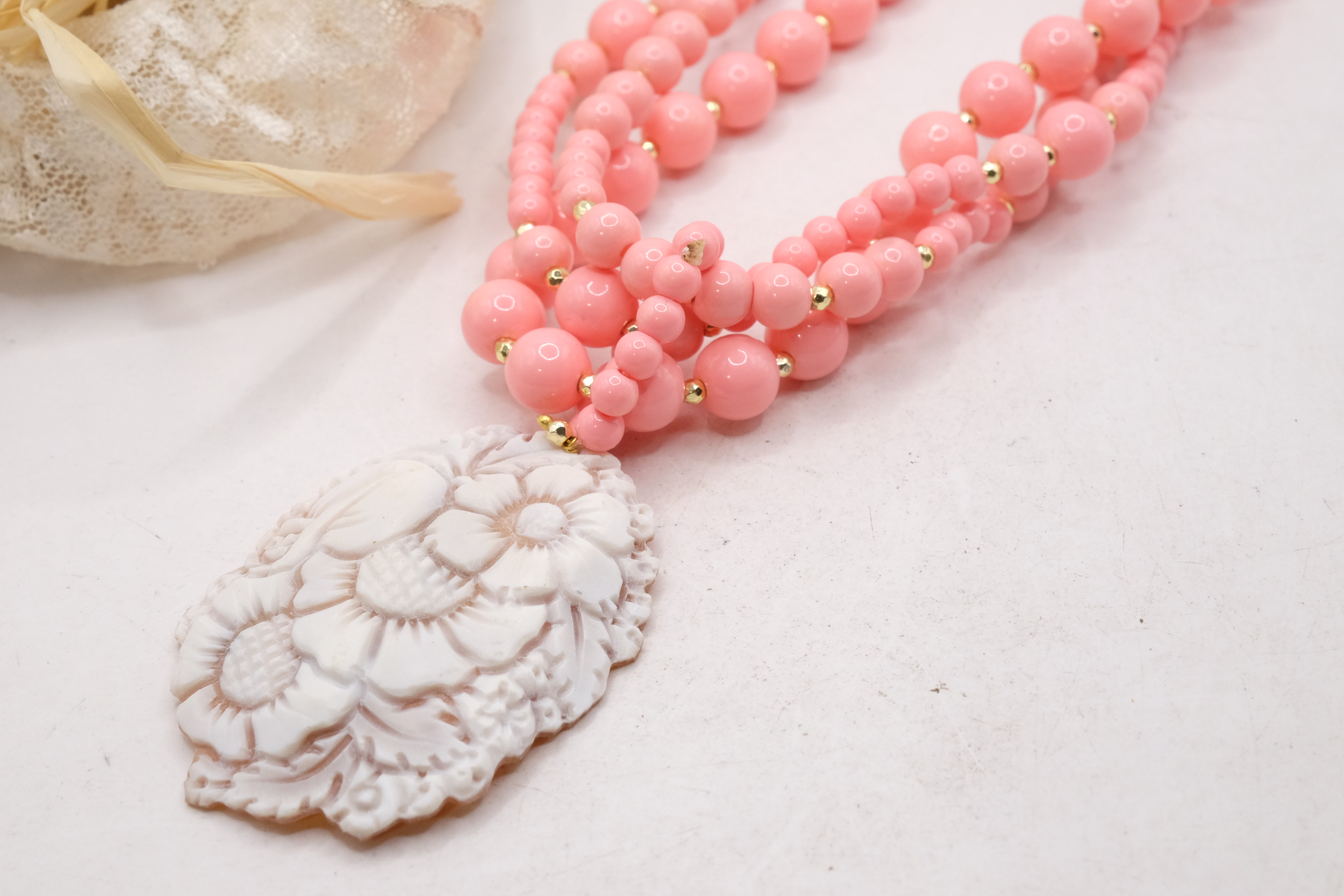 COLLANA ARTIGIANALE MULTIFILO PASTA DI CORALLO ROSA SALMONE PENDENTE CAMMEO GENUINO DI TORRE DEL GRECO (4)