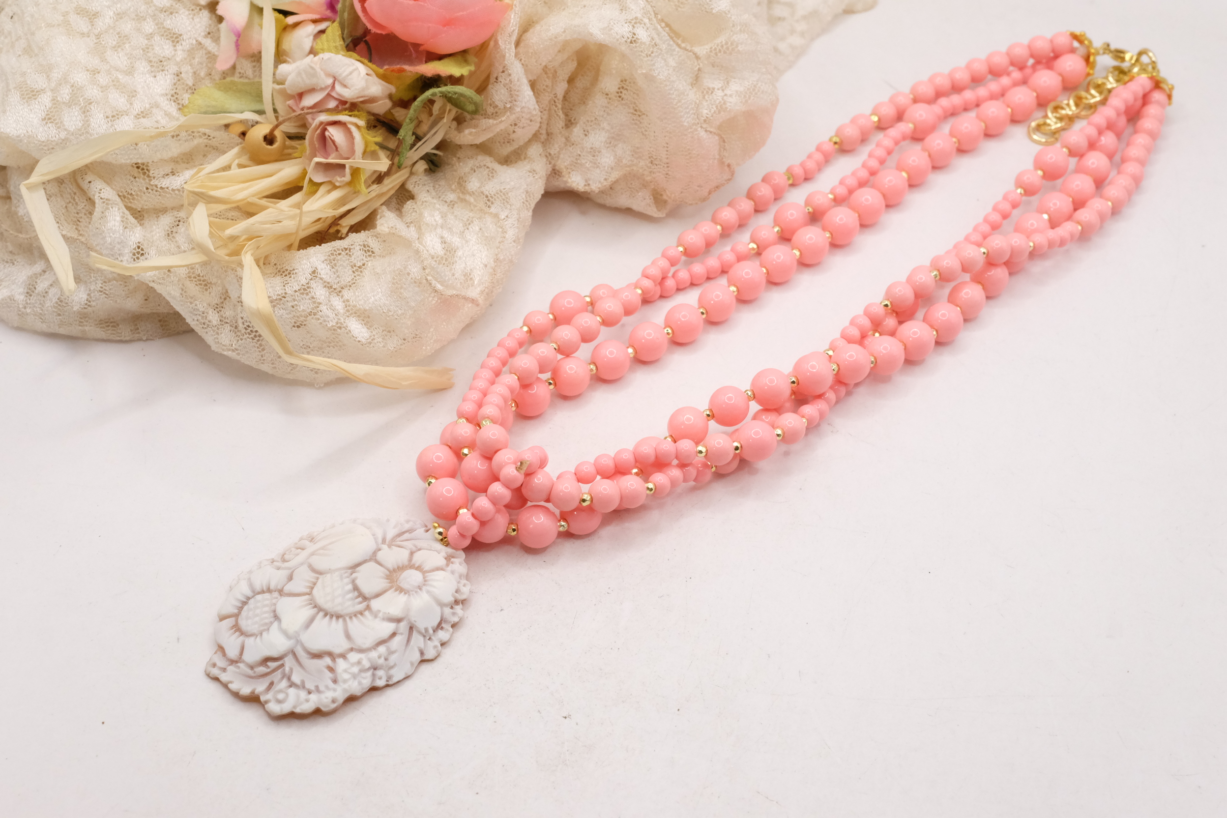COLLANA ARTIGIANALE MULTIFILO PASTA DI CORALLO ROSA SALMONE PENDENTE CAMMEO GENUINO DI TORRE DEL GRECO (5)