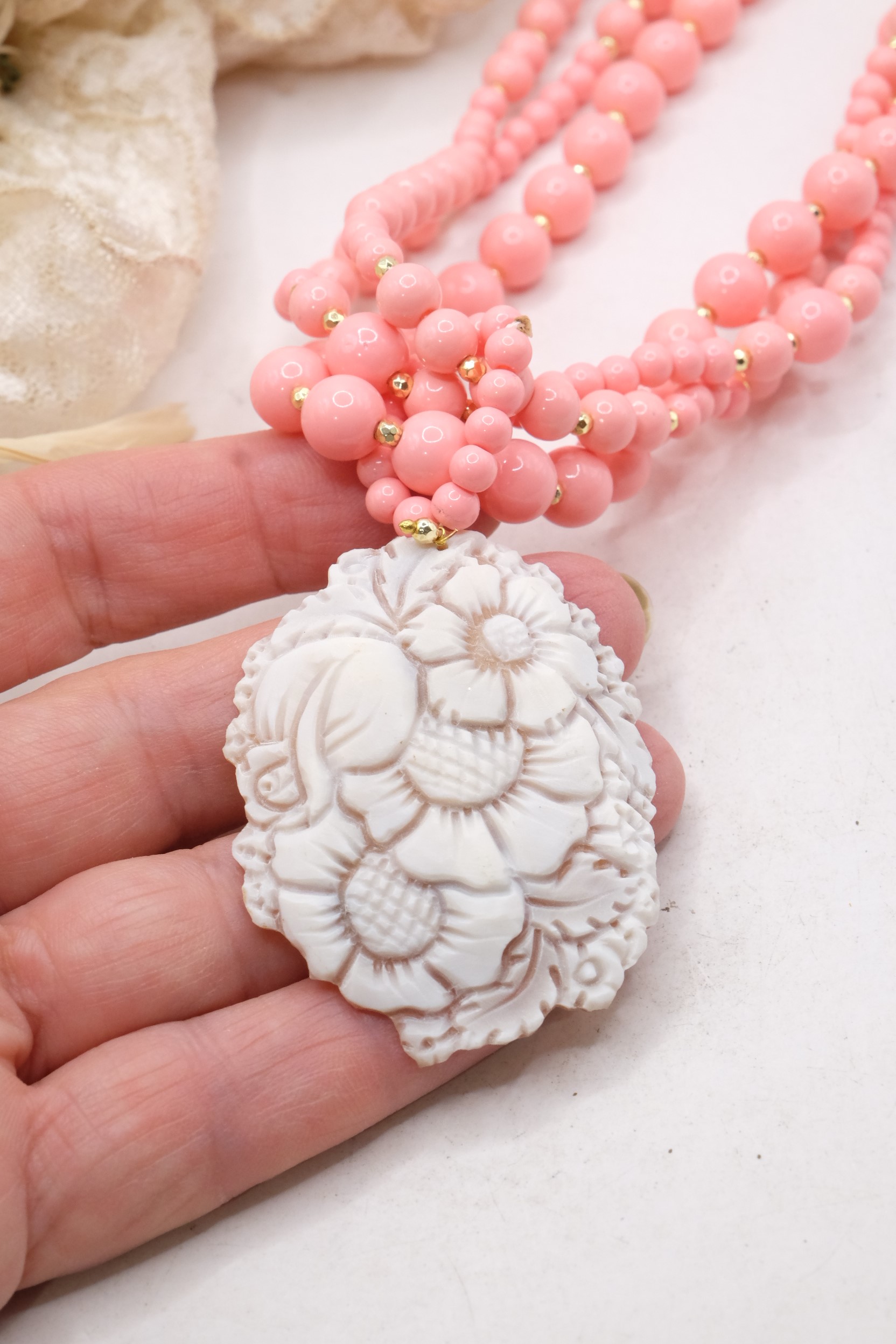 COLLANA ARTIGIANALE MULTIFILO PASTA DI CORALLO ROSA SALMONE PENDENTE CAMMEO GENUINO DI TORRE DEL GRECO (6)