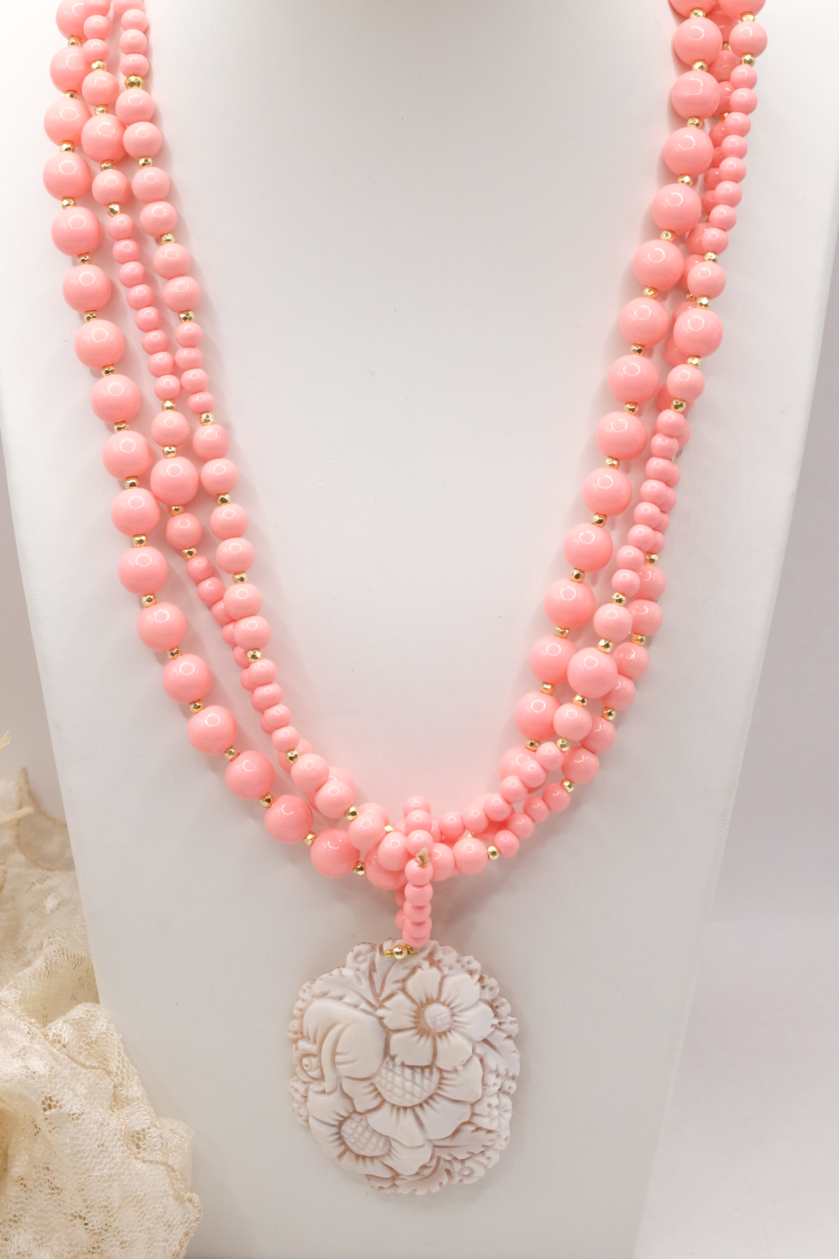 COLLANA ARTIGIANALE MULTIFILO PASTA DI CORALLO ROSA SALMONE PENDENTE NEPALESE STACCABILE (2)