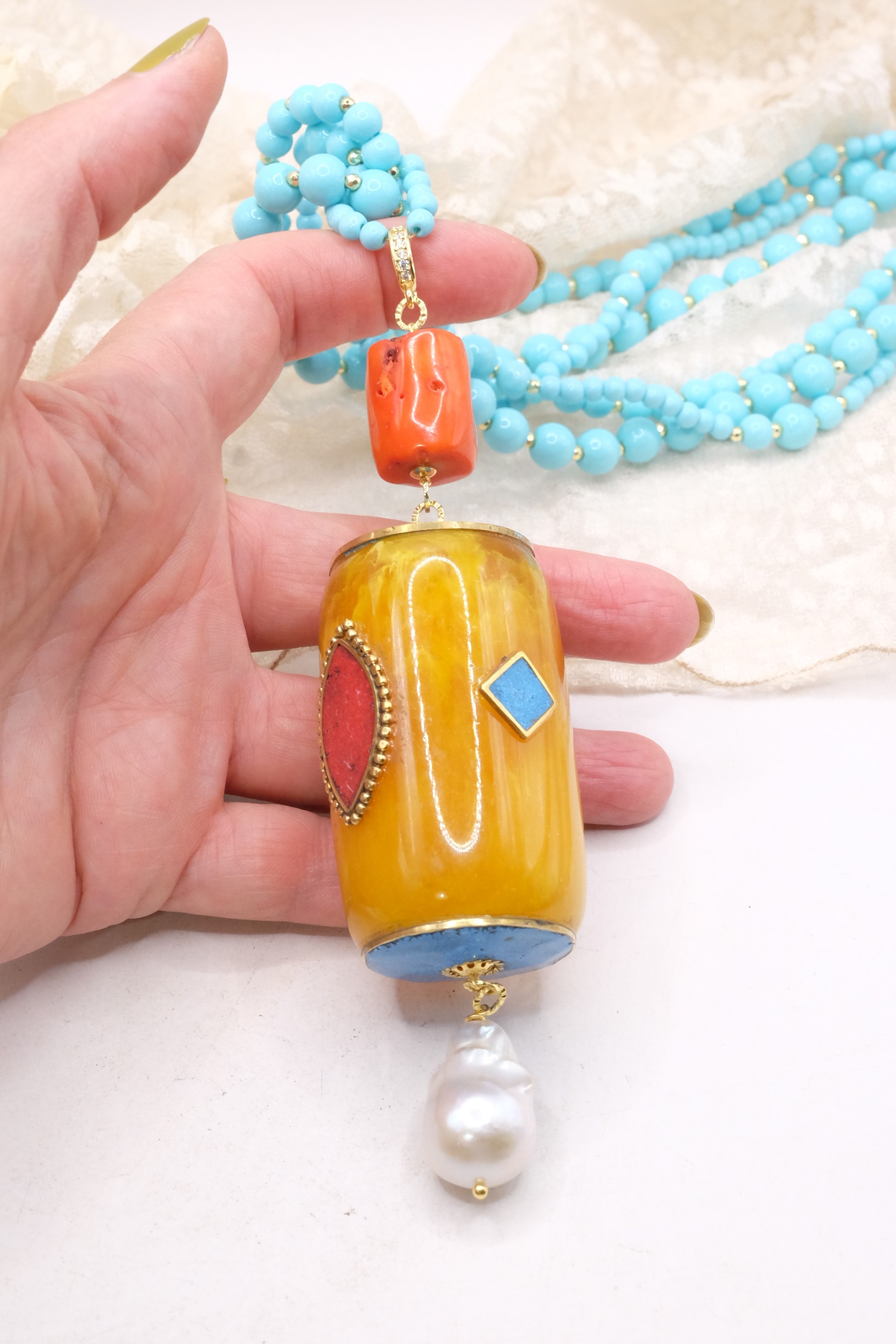 COLLANA ARTIGIANALE MULTIFILO PASTA DI TURCHESE PENDENTE NEPALESE STACCABILE (1)