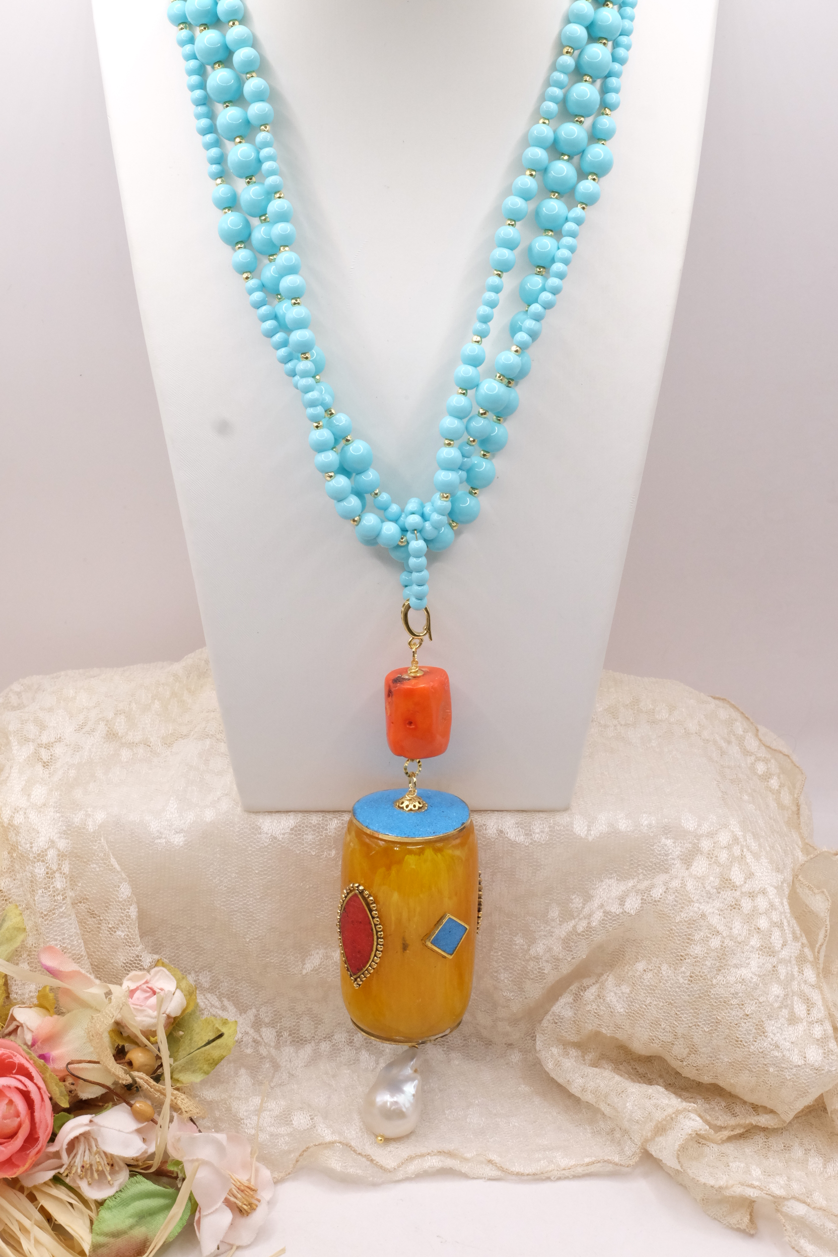 COLLANA ARTIGIANALE MULTIFILO PASTA DI TURCHESE PENDENTE NEPALESE STACCABILE (10)