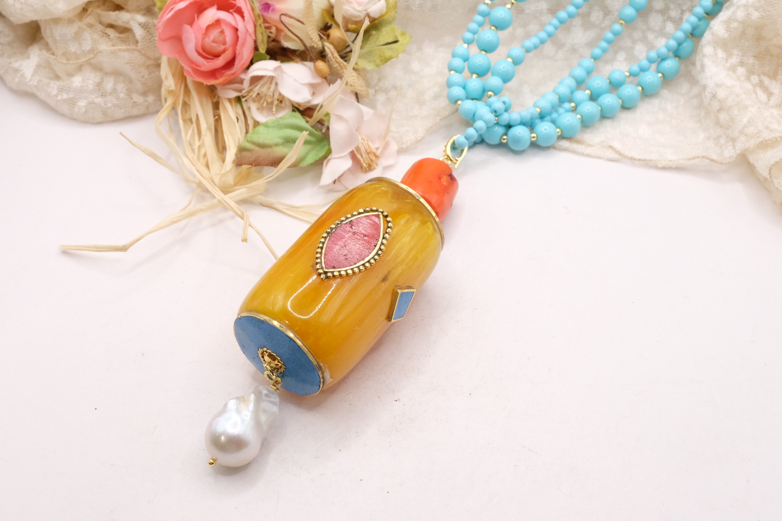 COLLANA ARTIGIANALE MULTIFILO PASTA DI TURCHESE PENDENTE NEPALESE STACCABILE (11)