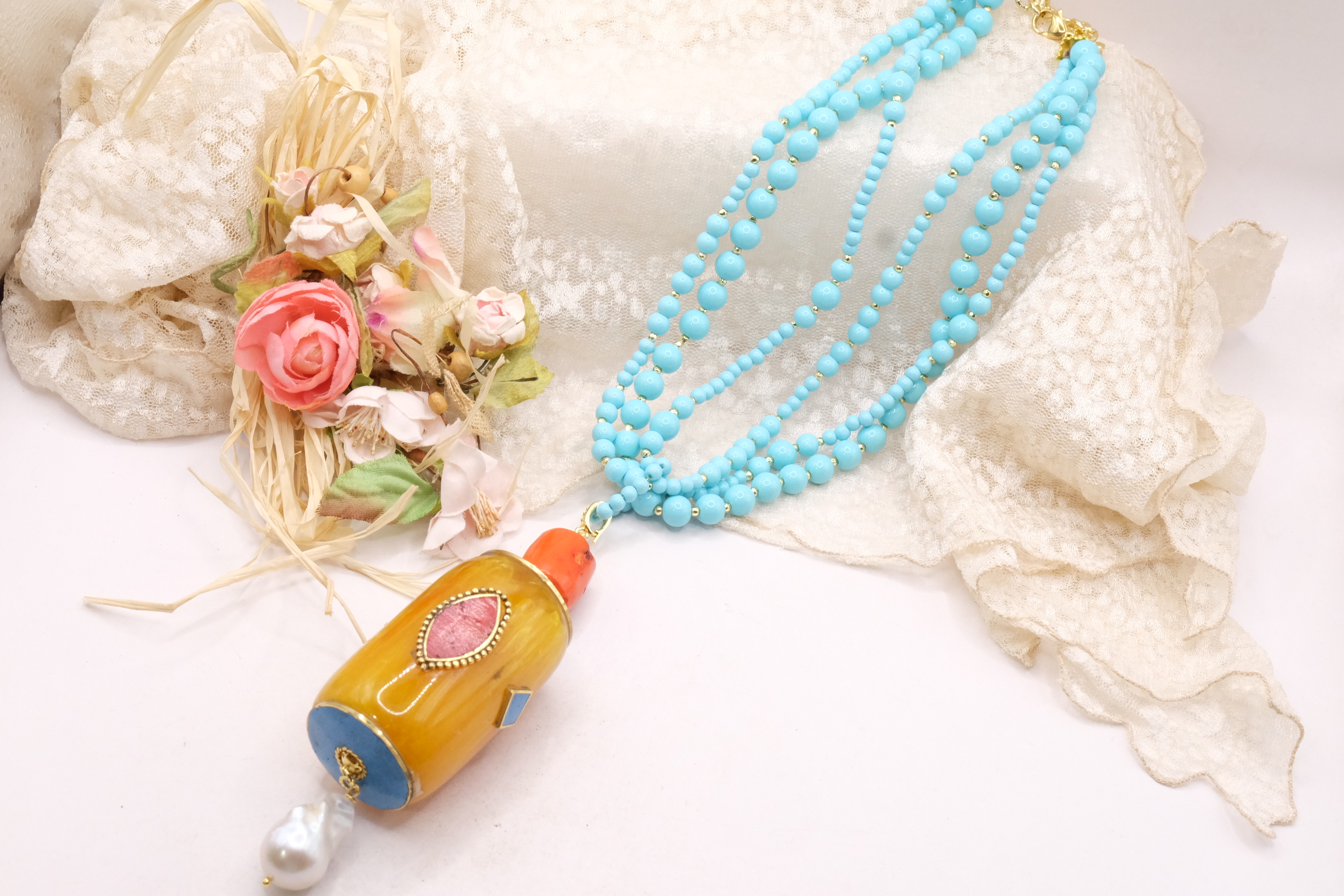 COLLANA ARTIGIANALE MULTIFILO PASTA DI TURCHESE PENDENTE NEPALESE STACCABILE (12)