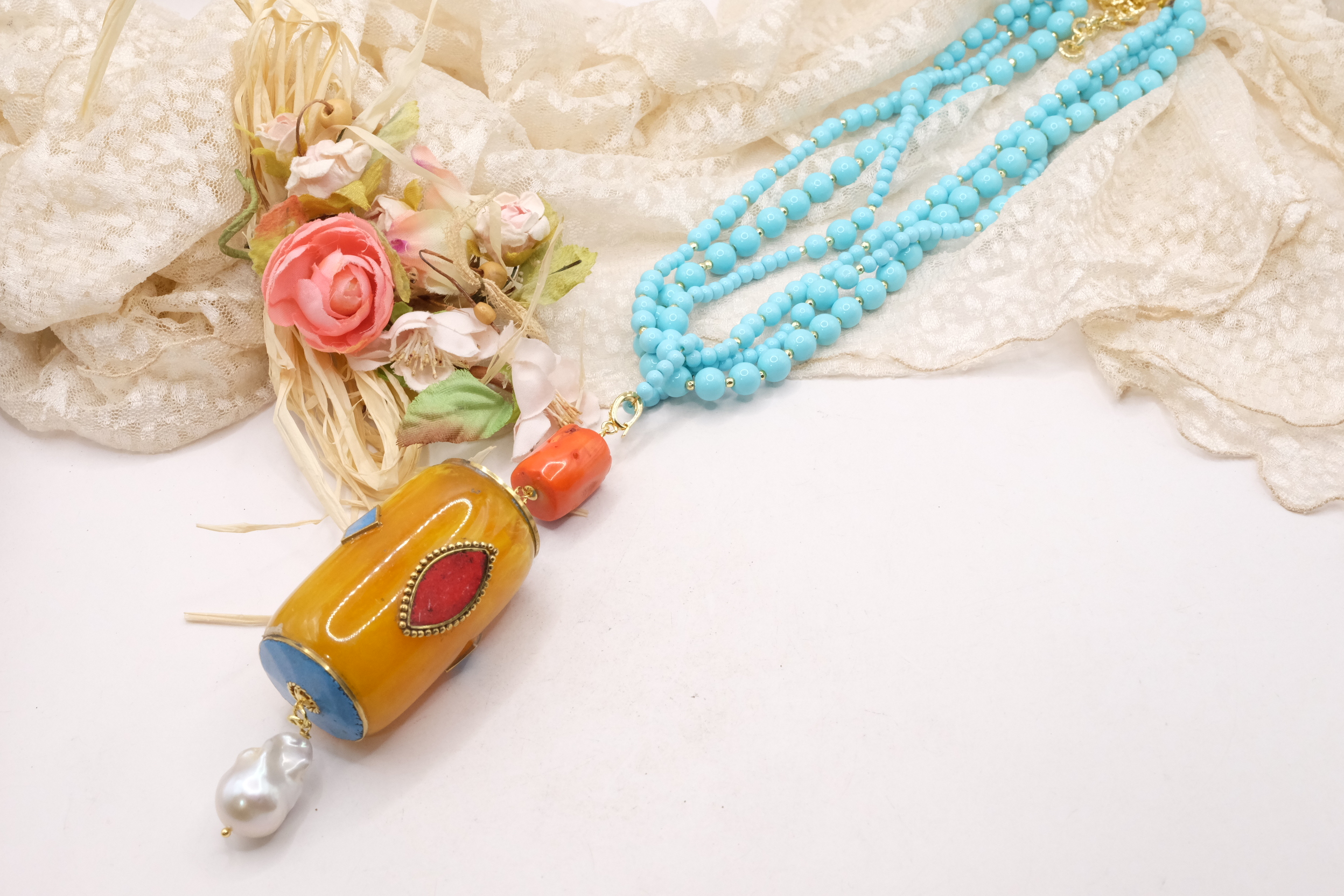 COLLANA ARTIGIANALE MULTIFILO PASTA DI TURCHESE PENDENTE NEPALESE STACCABILE (13)