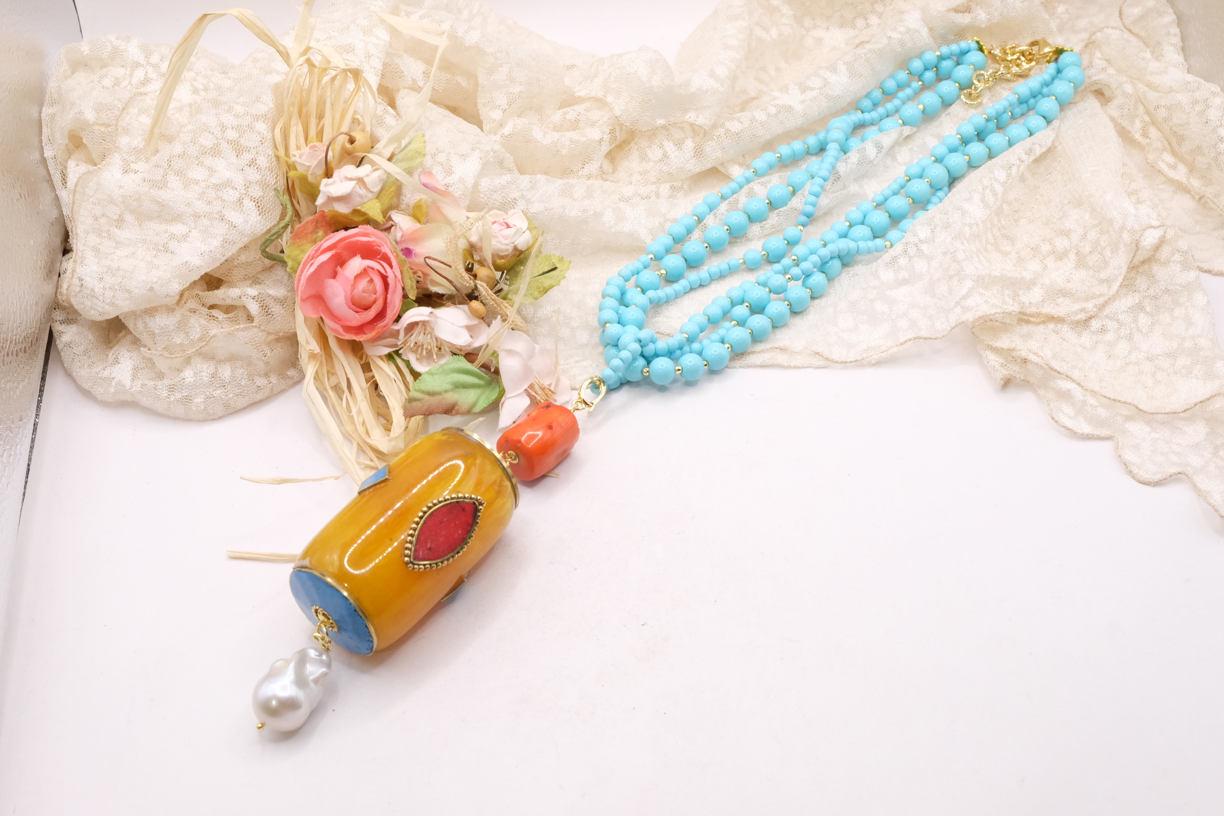 COLLANA ARTIGIANALE MULTIFILO PASTA DI TURCHESE PENDENTE NEPALESE STACCABILE (14)