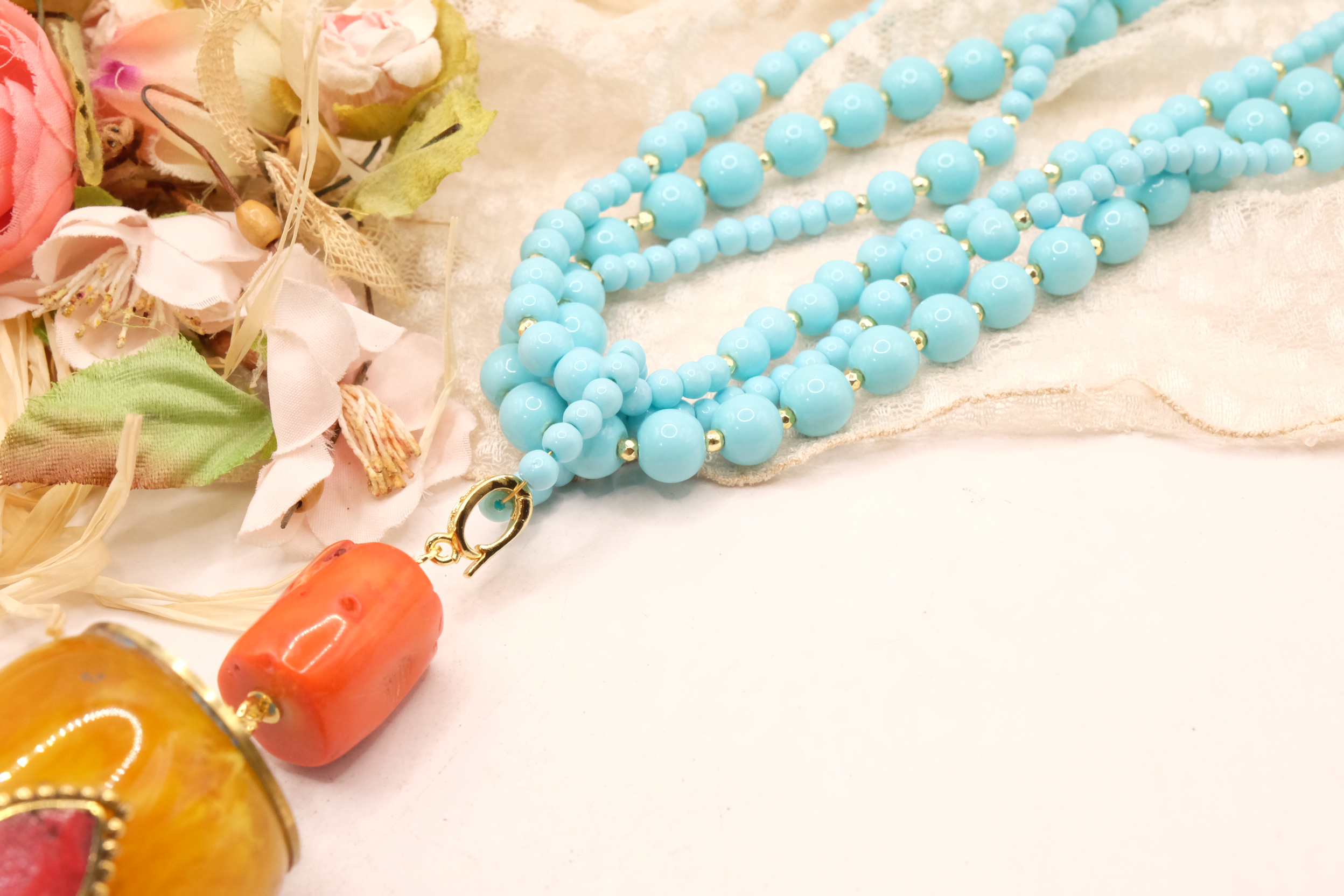 COLLANA ARTIGIANALE MULTIFILO PASTA DI TURCHESE PENDENTE NEPALESE STACCABILE (2)