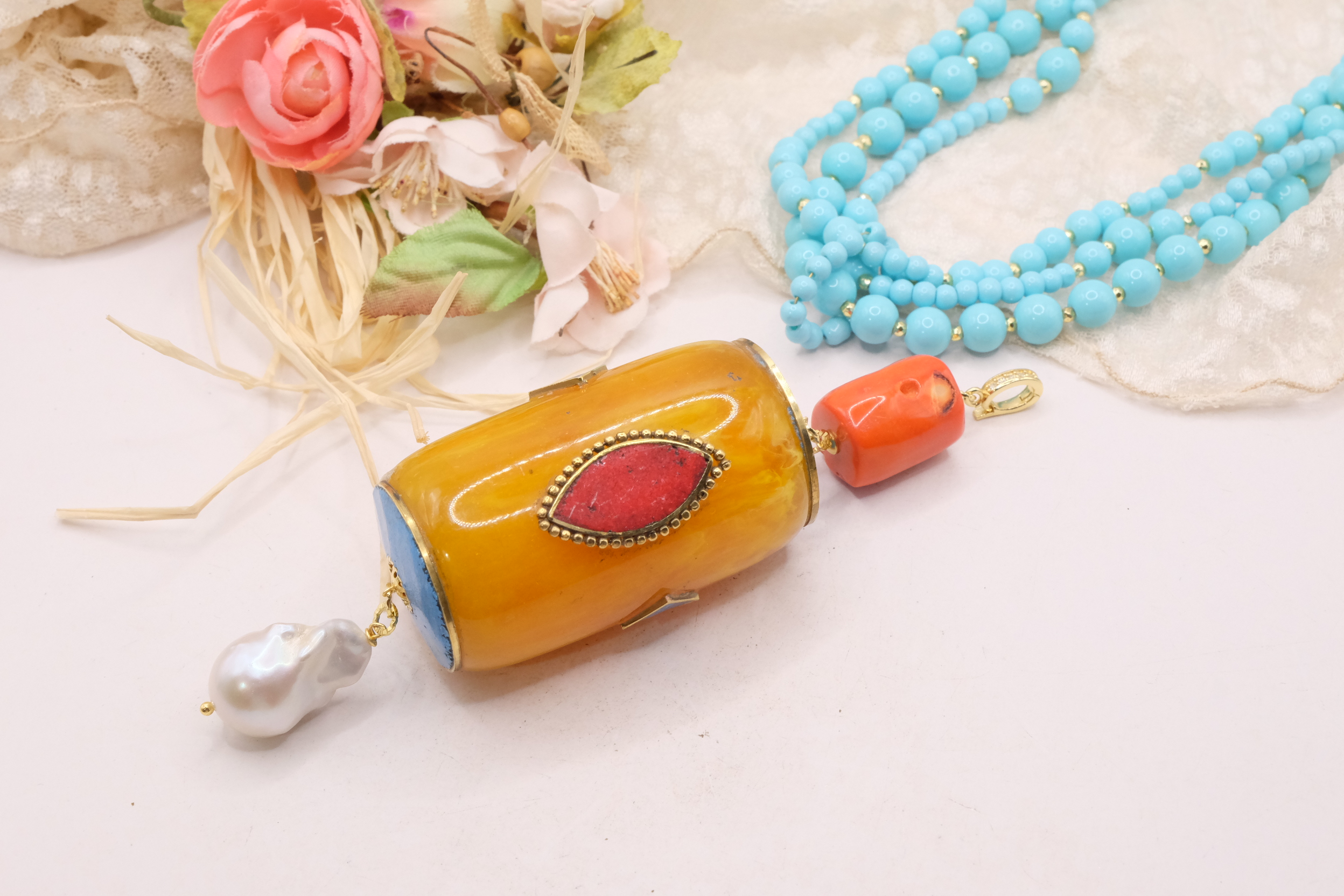 COLLANA ARTIGIANALE MULTIFILO PASTA DI TURCHESE PENDENTE NEPALESE STACCABILE (5)