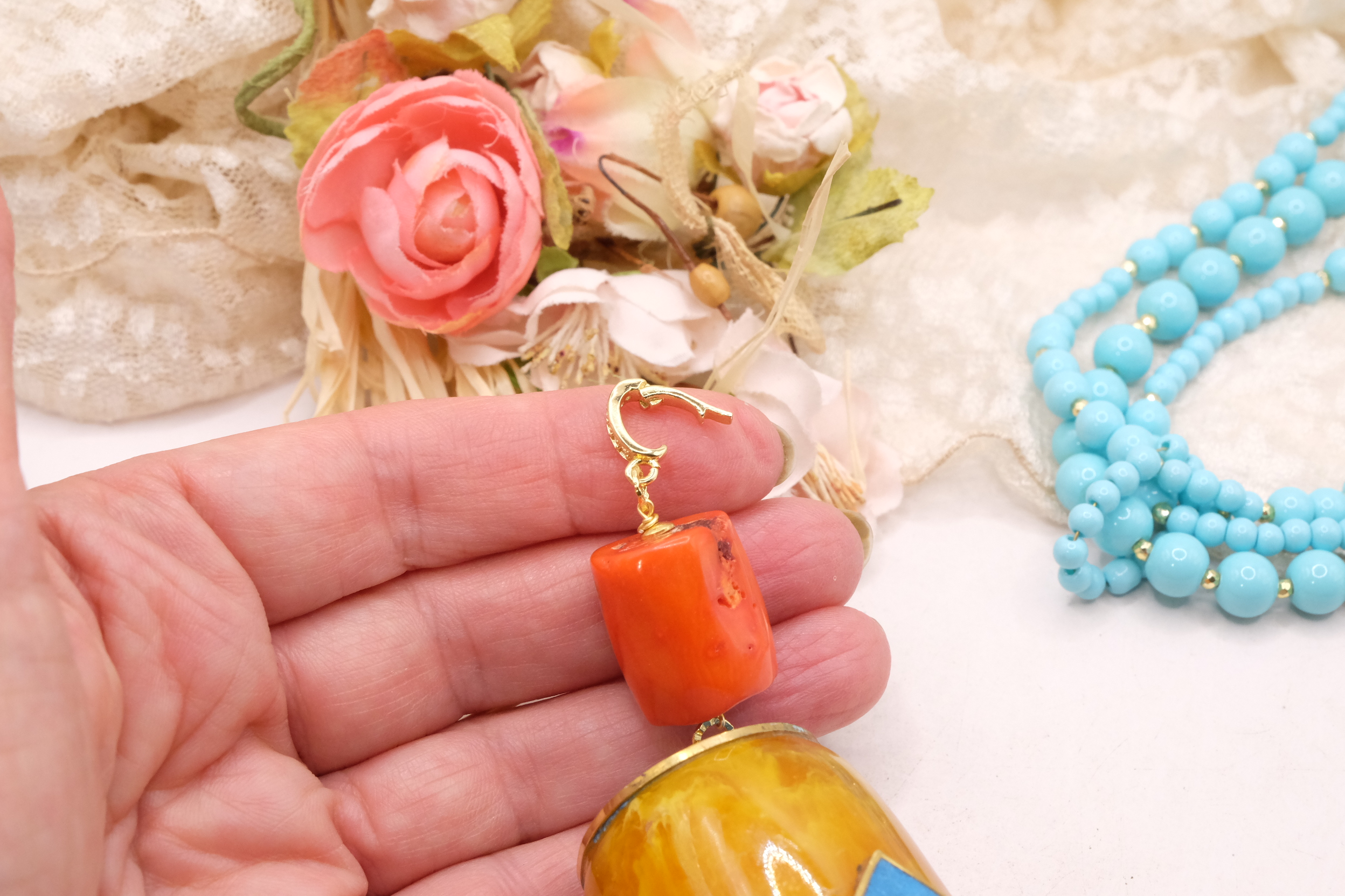 COLLANA ARTIGIANALE MULTIFILO PASTA DI TURCHESE PENDENTE NEPALESE STACCABILE (6)