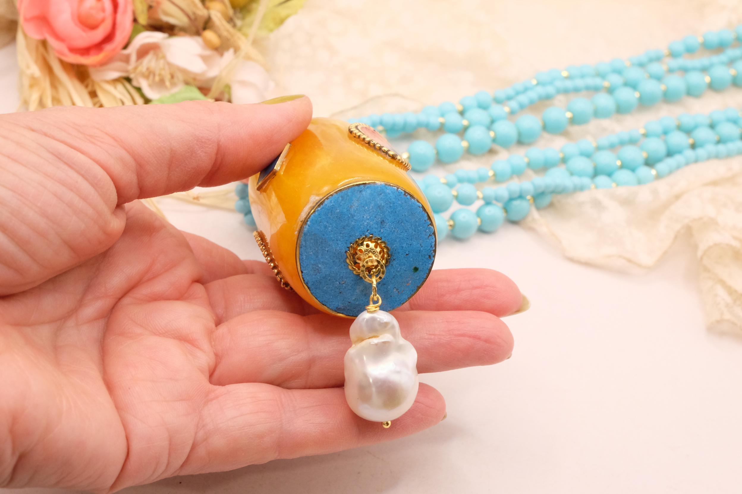COLLANA ARTIGIANALE MULTIFILO PASTA DI TURCHESE PENDENTE NEPALESE STACCABILE (7)