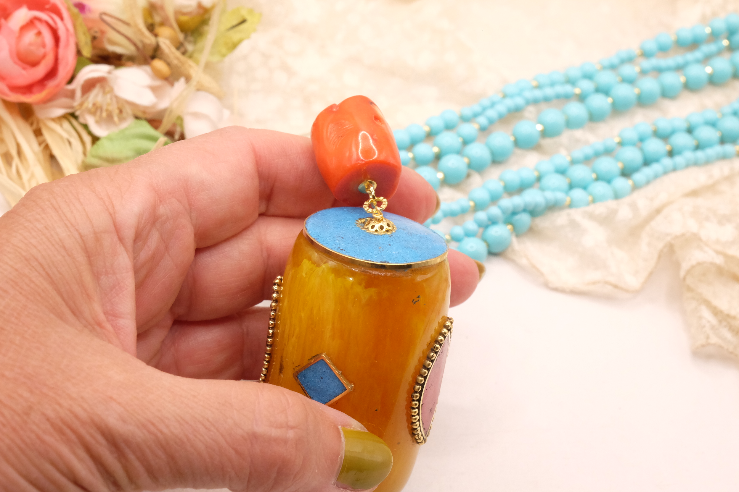 COLLANA ARTIGIANALE MULTIFILO PASTA DI TURCHESE PENDENTE NEPALESE STACCABILE (8)