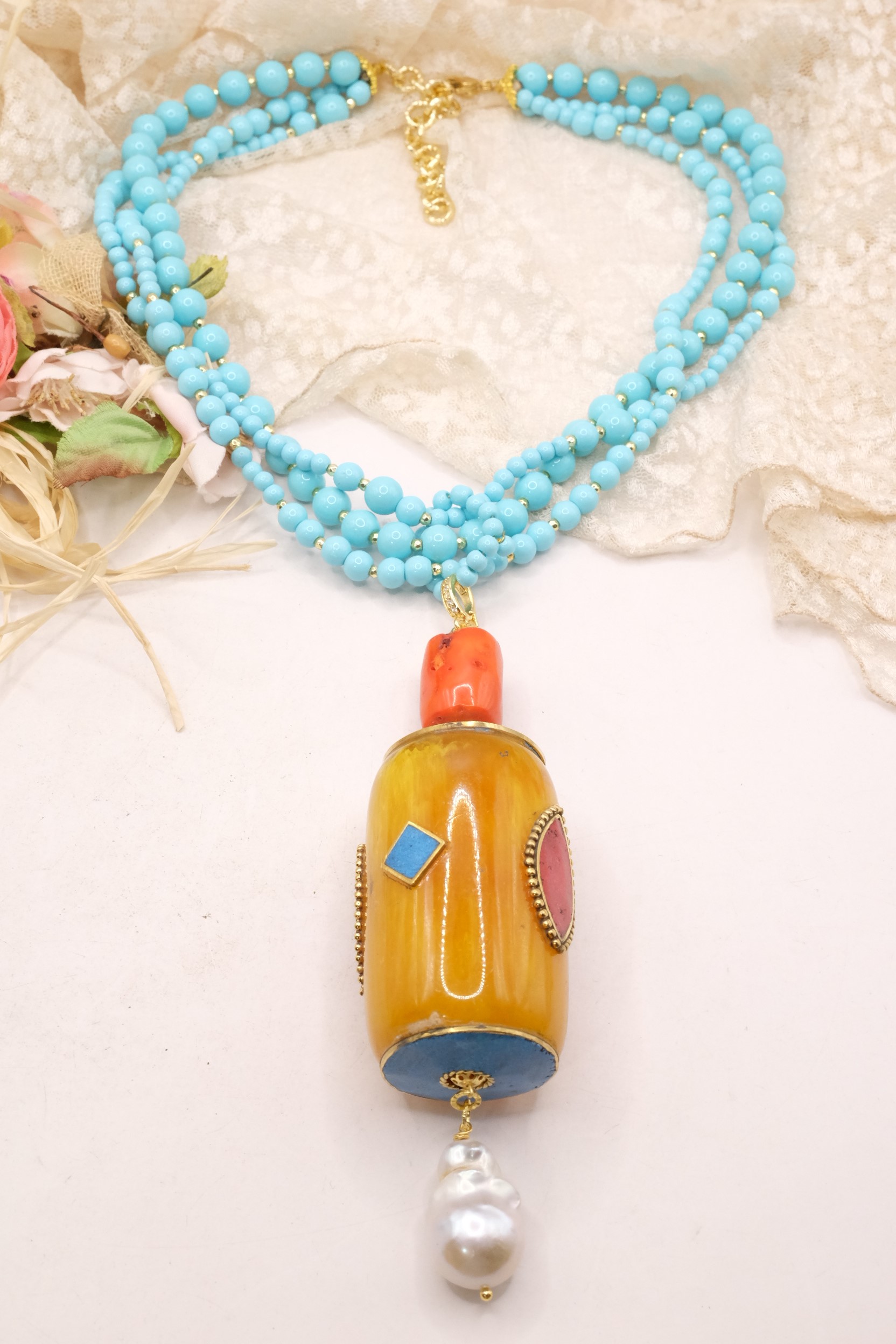 COLLANA ARTIGIANALE MULTIFILO PASTA DI TURCHESE PENDENTE NEPALESE STACCABILE (9)