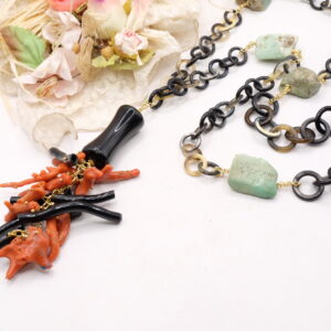 Collana Lunga Crisoprasio Perle Onice Corno Argento V4