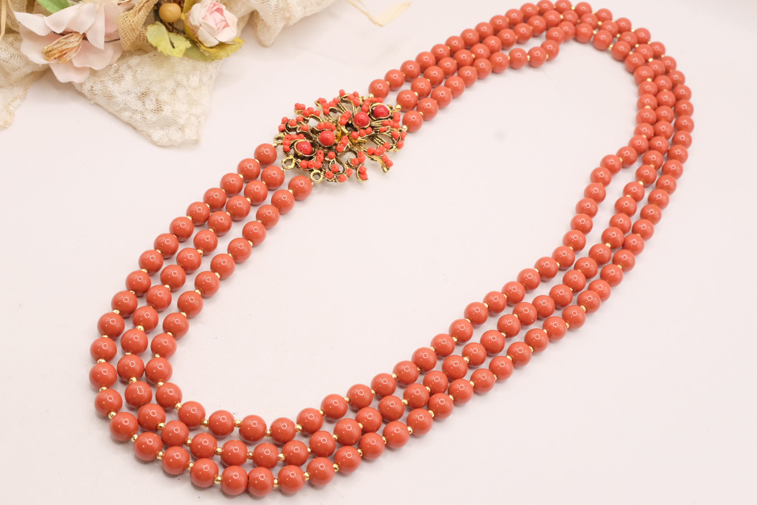 COLLANA ARTIGIANALE PASTA DI CORALLO CHIUSURA PERLINE ROSSE 3 FILI MULTIFILO (3)