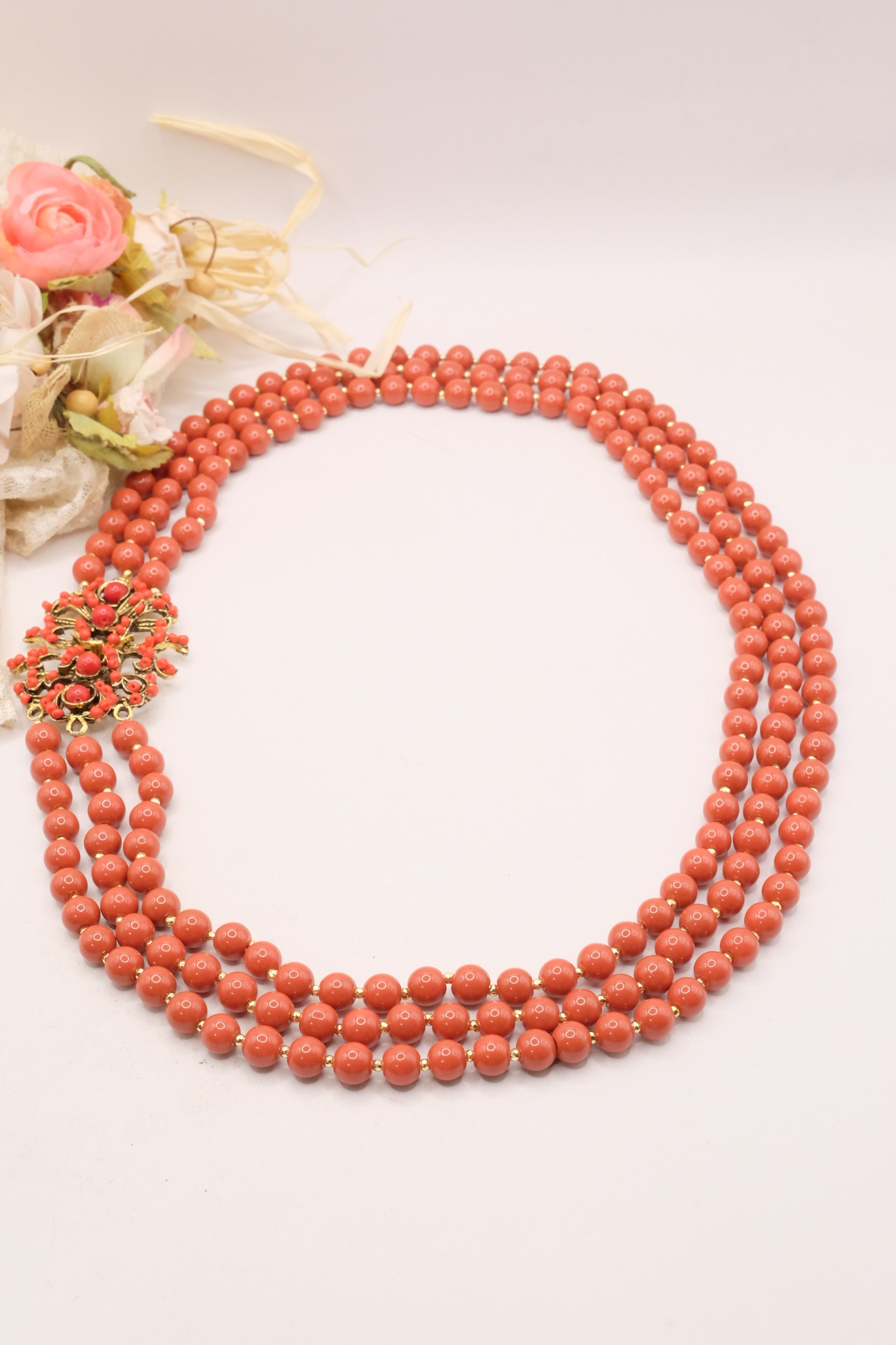 COLLANA ARTIGIANALE PASTA DI CORALLO CHIUSURA PERLINE ROSSE 3 FILI MULTIFILO (6)