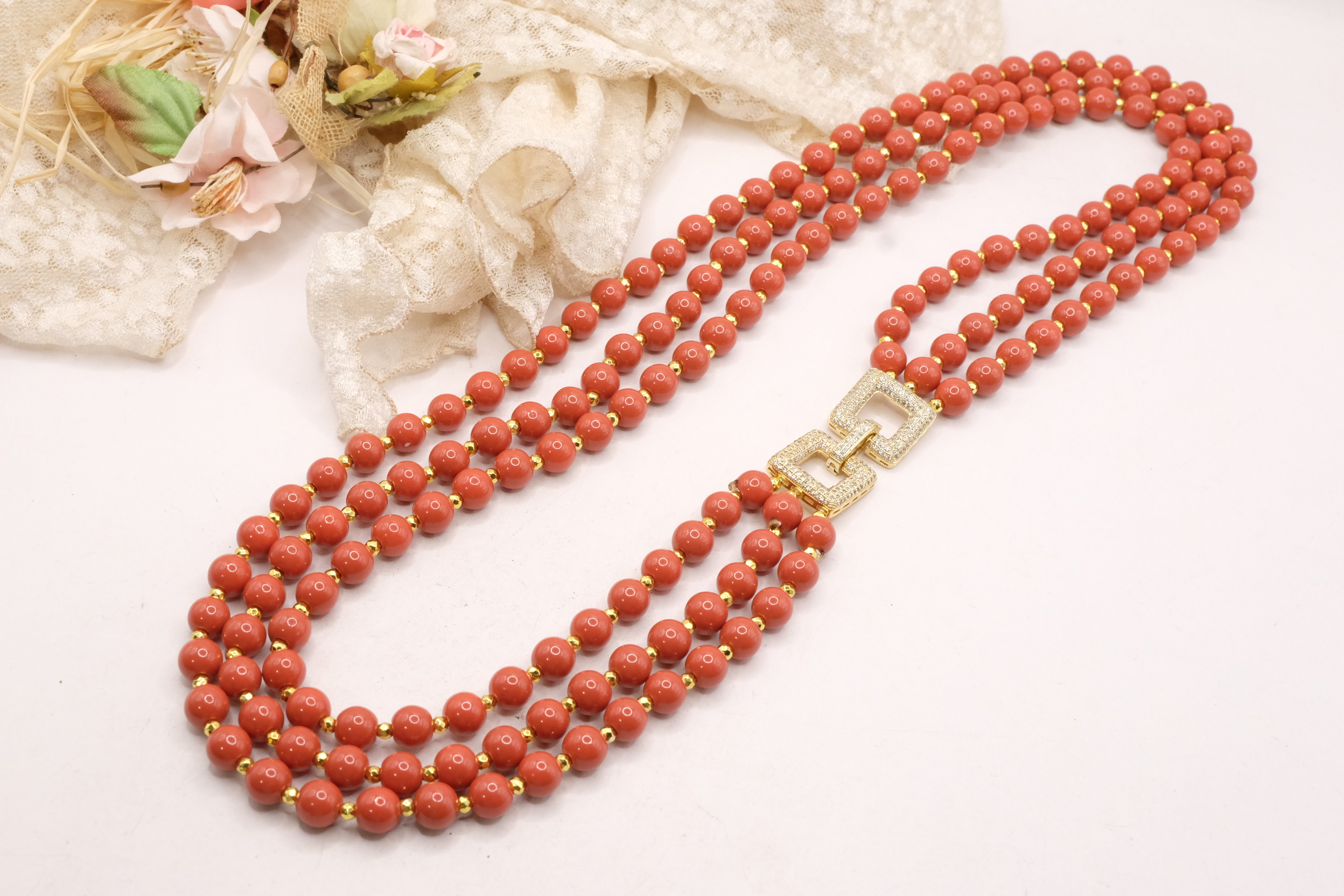 COLLANA ARTIGIANALE PASTA DI CORALLO CHIUSURA ZIRCONATA (1)
