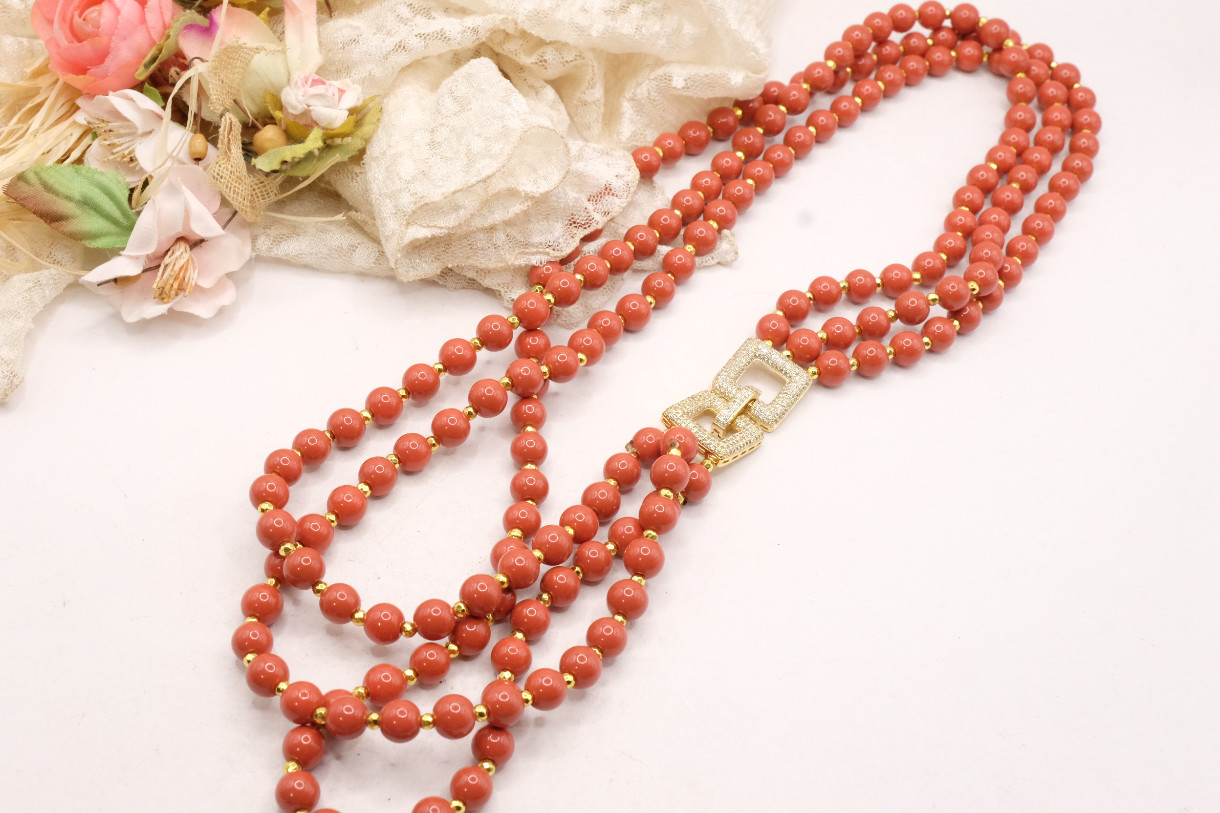 COLLANA ARTIGIANALE PASTA DI CORALLO CHIUSURA ZIRCONATA (3)