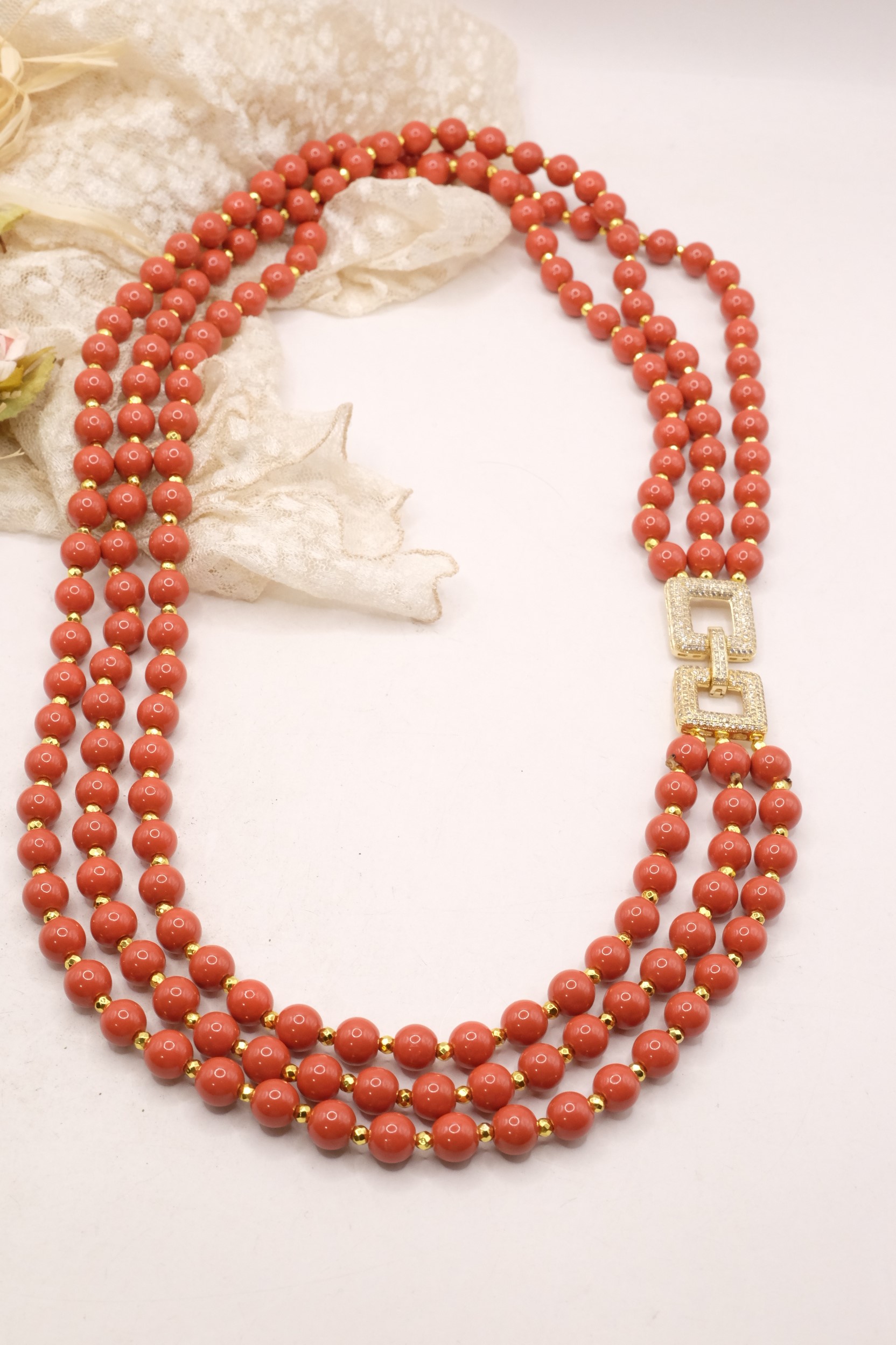 COLLANA ARTIGIANALE PASTA DI CORALLO CHIUSURA ZIRCONATA (6)