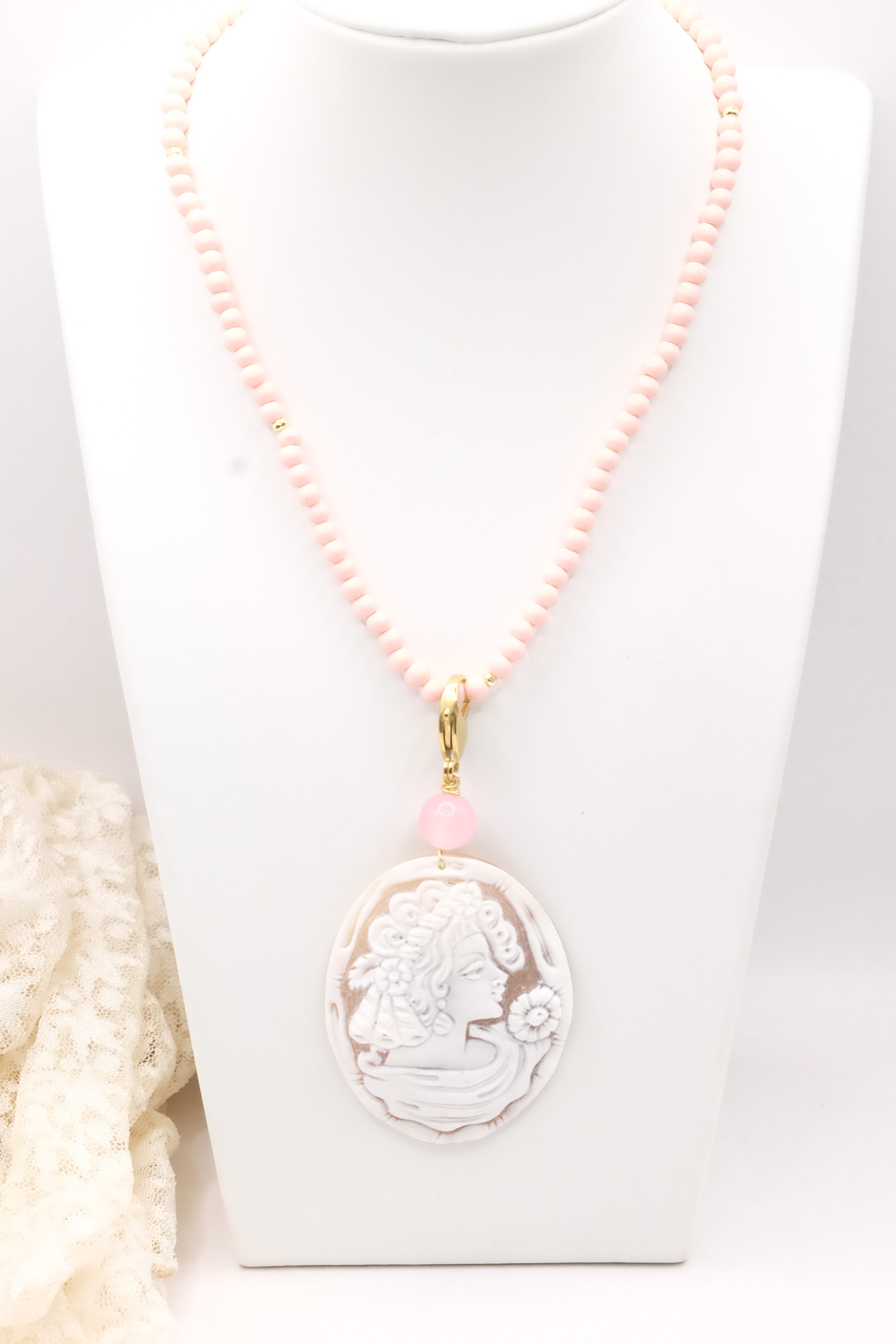COLLANA ARTIGIANALE PASTA DI CORALLO ROSA CAMMEO DI TORRE DEL GRECO QUARZO ROSA (1)