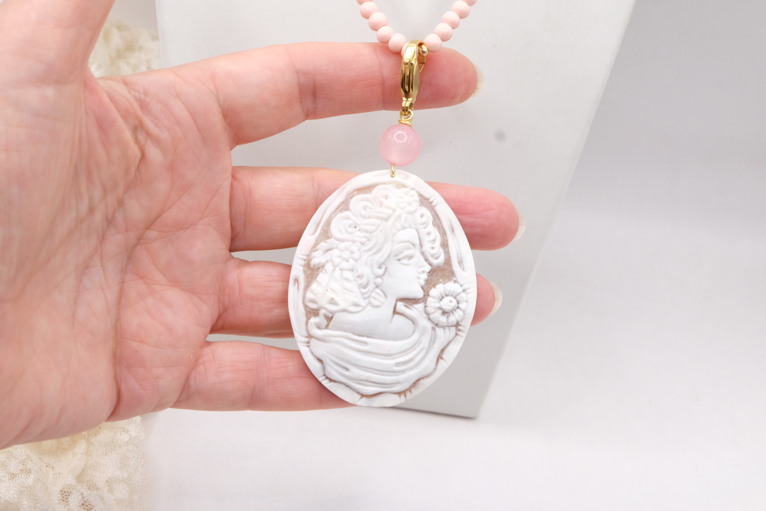 COLLANA ARTIGIANALE PASTA DI CORALLO ROSA CAMMEO DI TORRE DEL GRECO QUARZO ROSA (2)