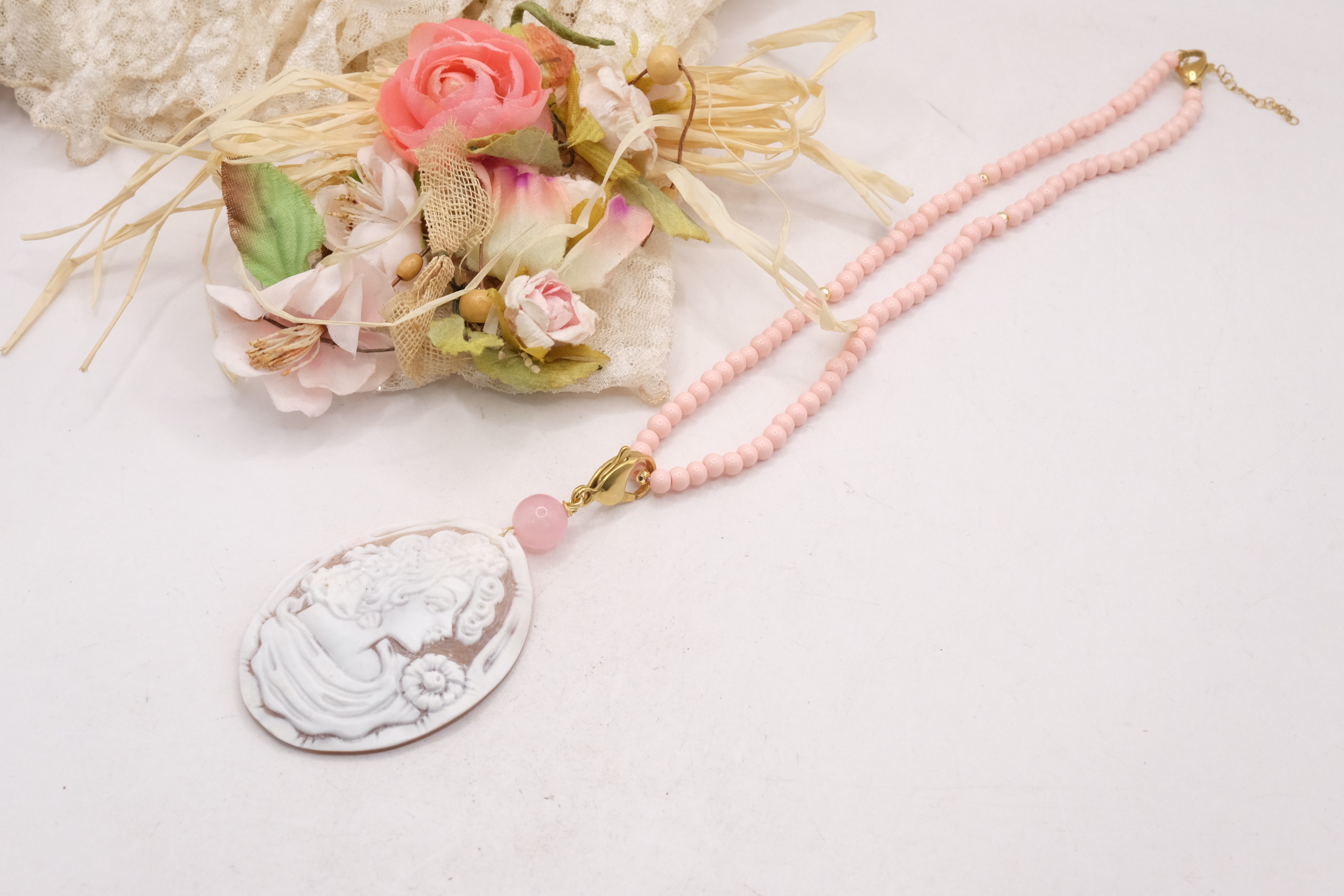COLLANA ARTIGIANALE PASTA DI CORALLO ROSA CAMMEO DI TORRE DEL GRECO QUARZO ROSA (3)