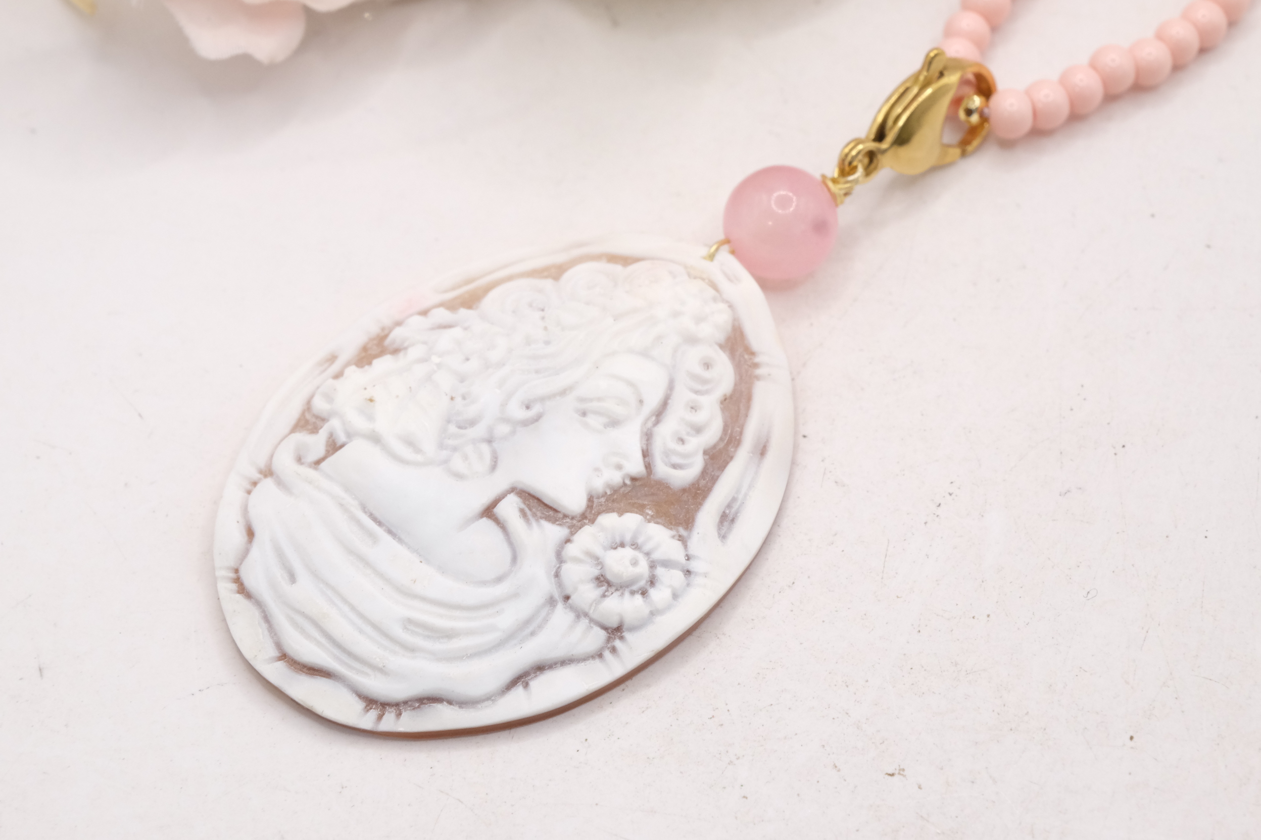 COLLANA ARTIGIANALE PASTA DI CORALLO ROSA CAMMEO DI TORRE DEL GRECO QUARZO ROSA (4)