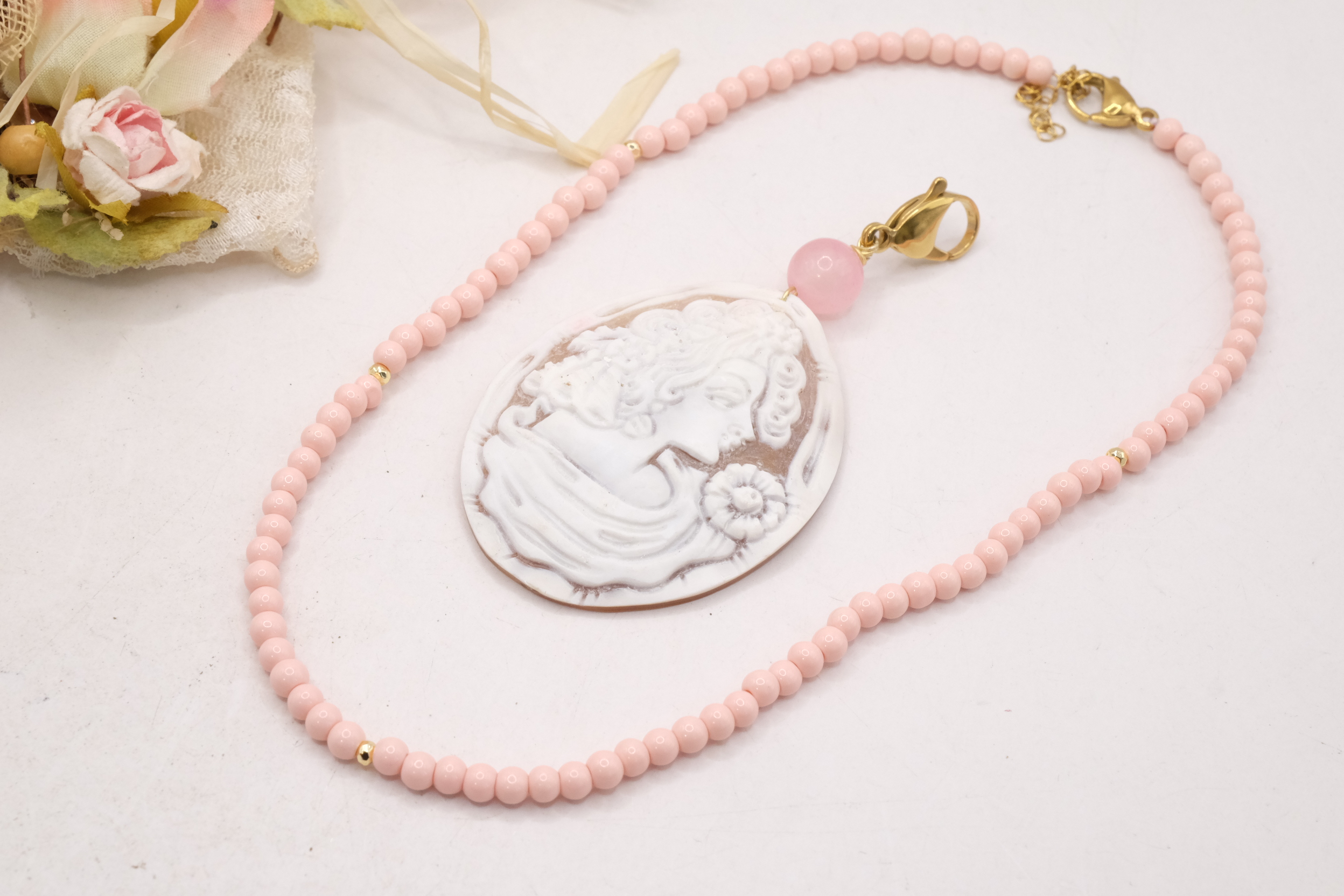COLLANA ARTIGIANALE PASTA DI CORALLO ROSA CAMMEO DI TORRE DEL GRECO QUARZO ROSA (5)