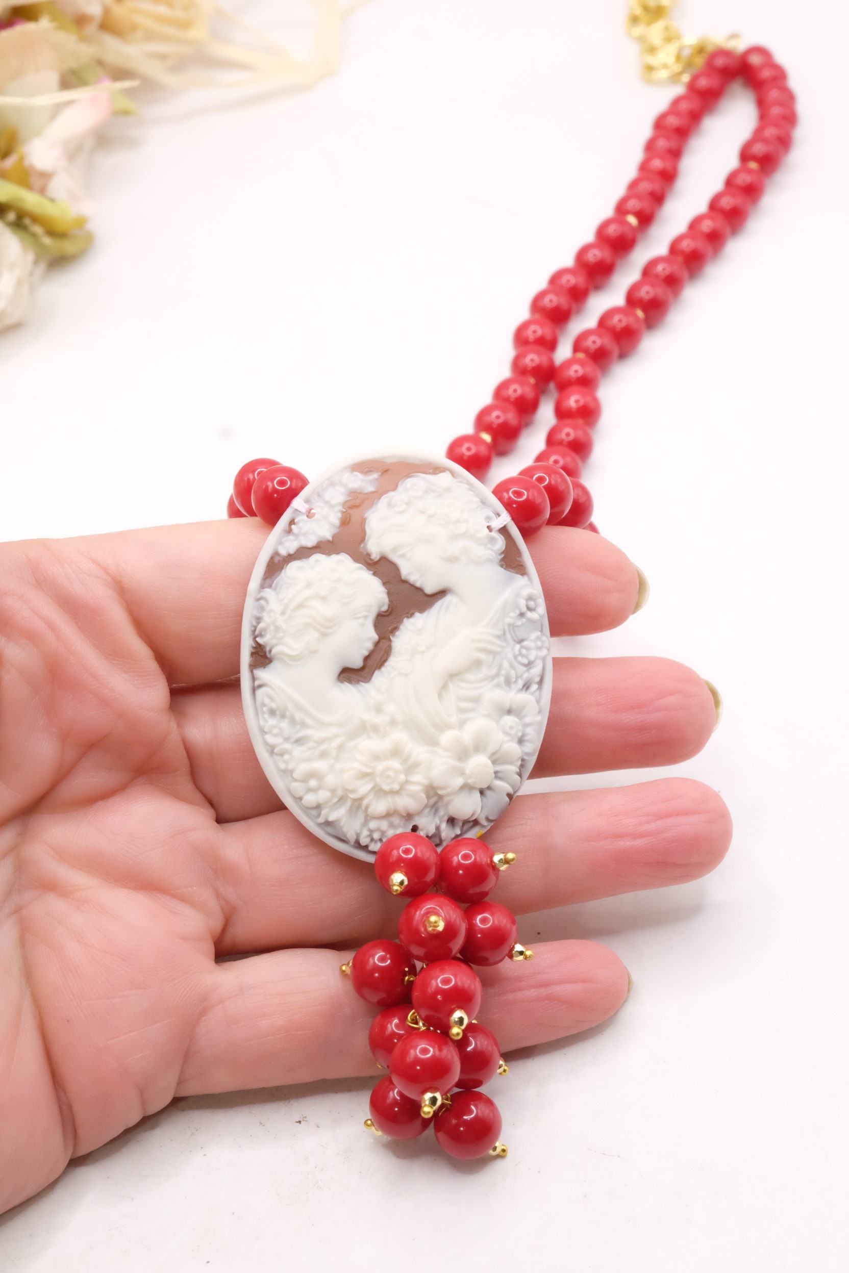 COLLANA ARTIGIANALE PASTA DI CORALLO ROSSO CAMMEO RESINA ACCIAIO (1)