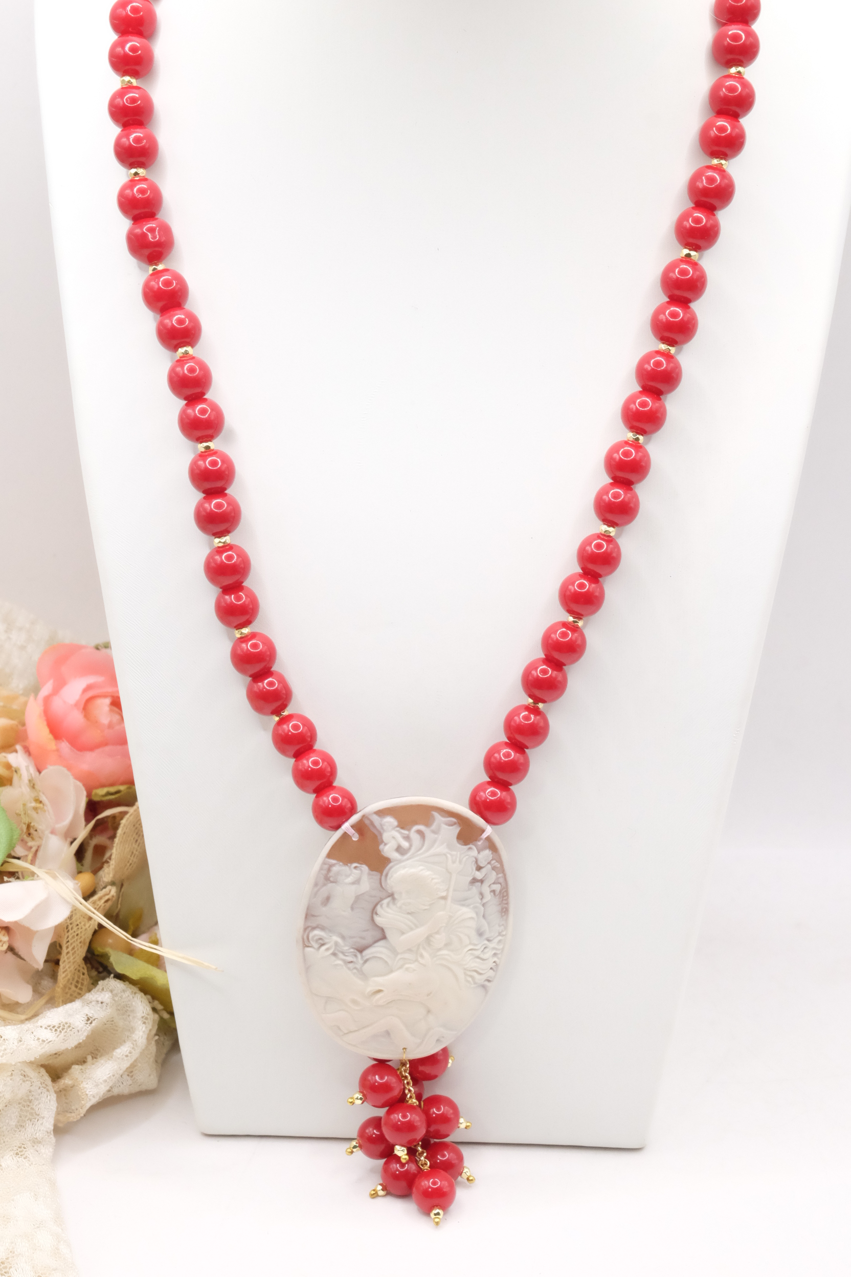 COLLANA ARTIGIANALE PASTA DI CORALLO ROSSO CAMMEO RESINA ACCIAIO (2)
