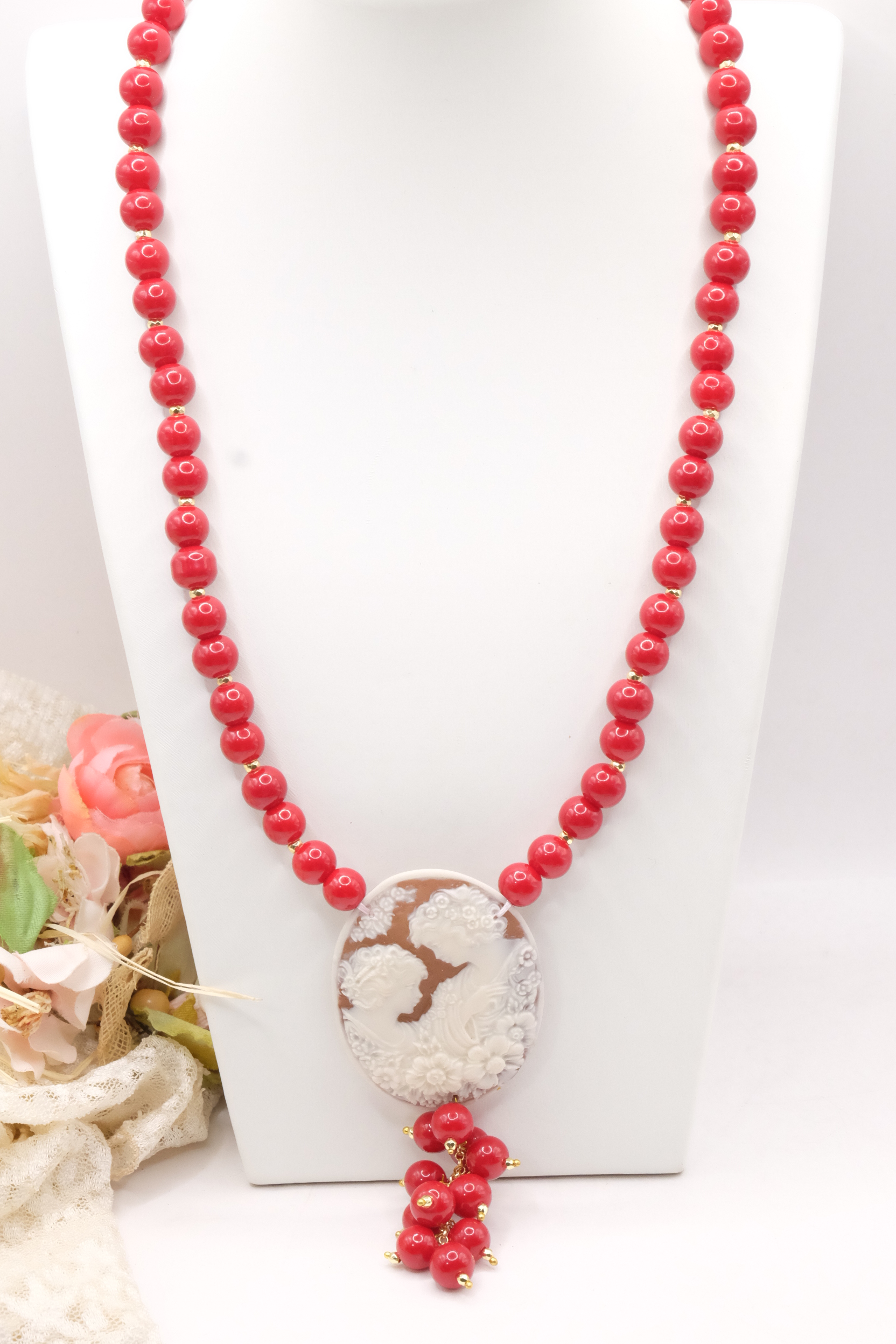 COLLANA ARTIGIANALE PASTA DI CORALLO ROSSO CAMMEO RESINA ACCIAIO (3)