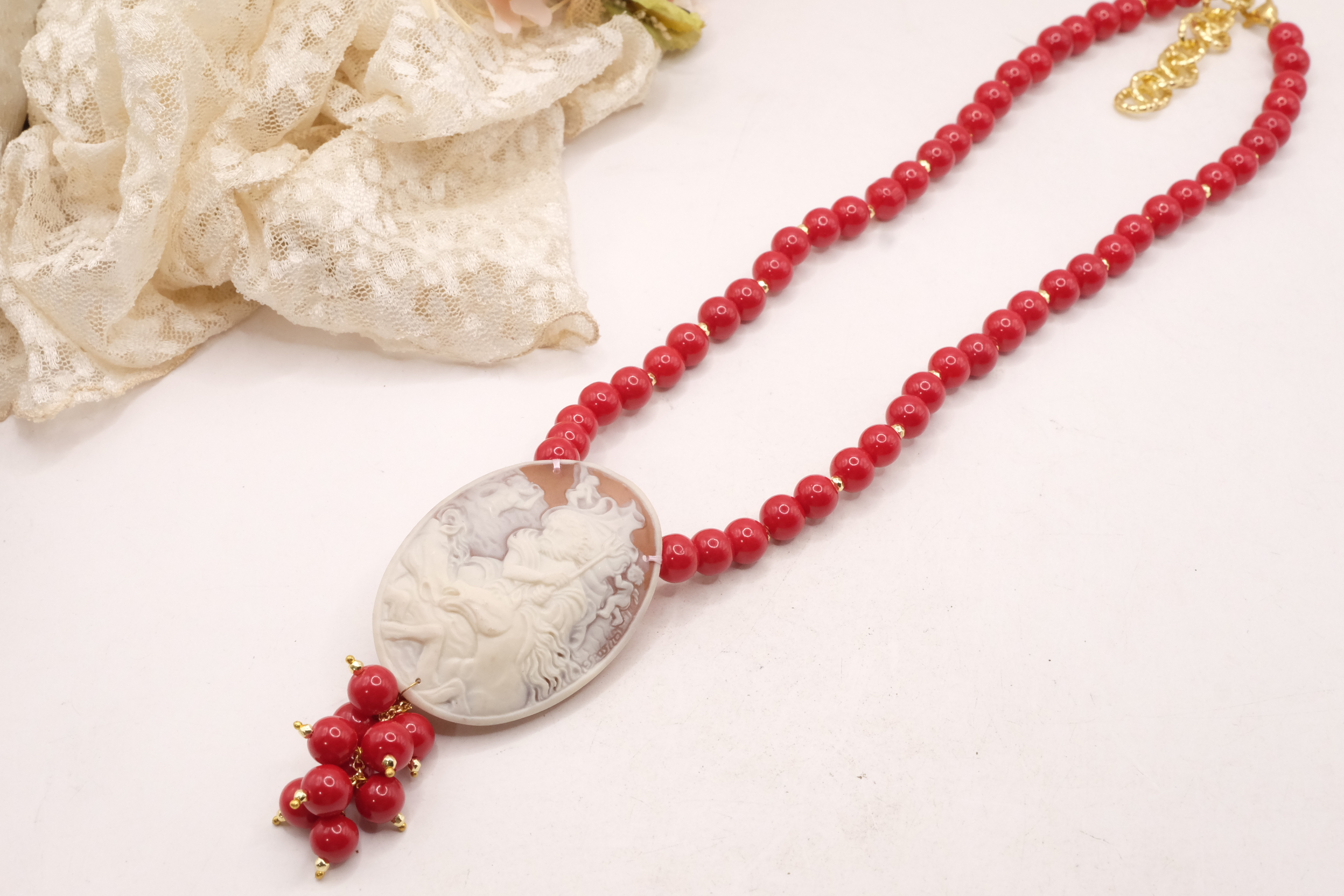 COLLANA ARTIGIANALE PASTA DI CORALLO ROSSO CAMMEO RESINA ACCIAIO (4)