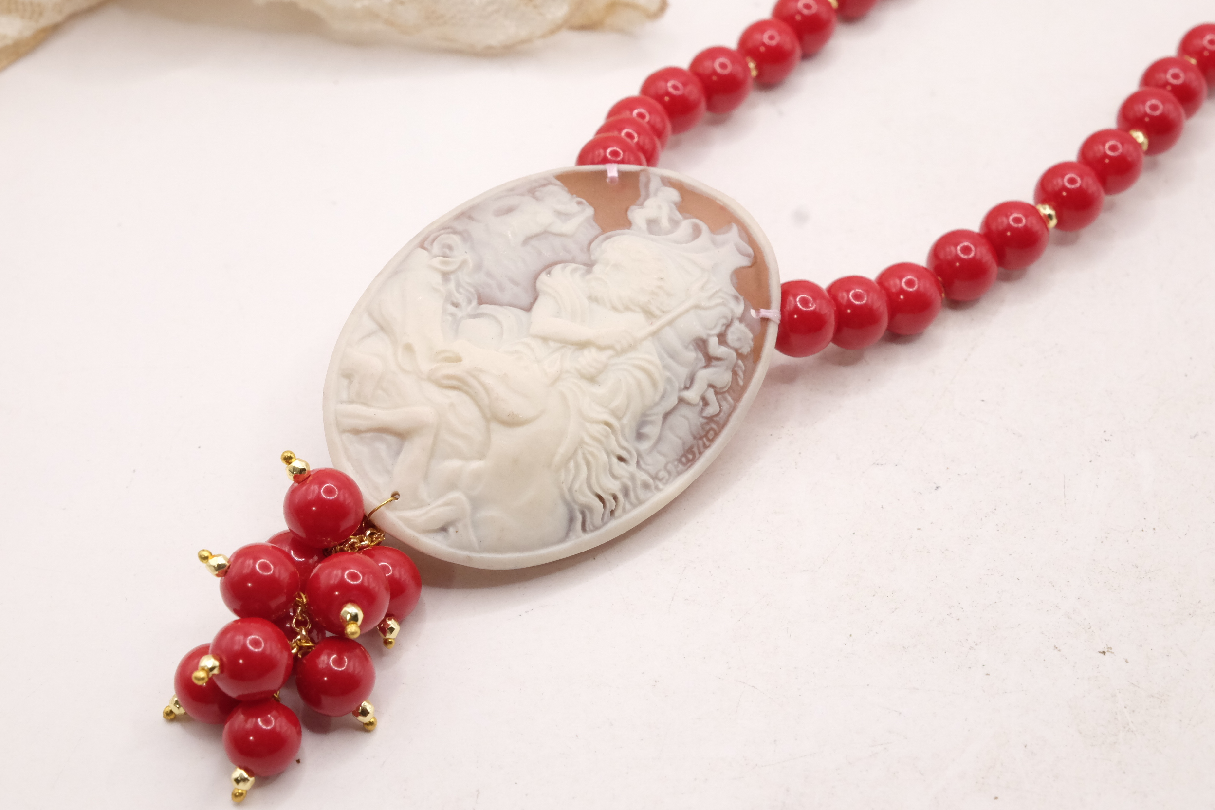COLLANA ARTIGIANALE PASTA DI CORALLO ROSSO CAMMEO RESINA ACCIAIO (5)