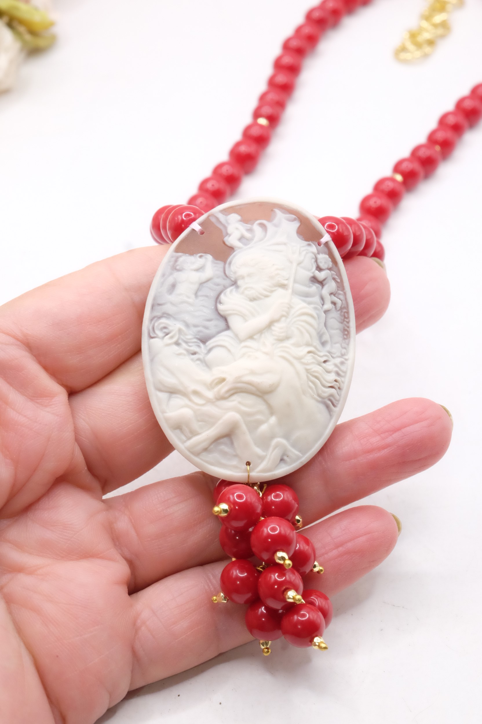 COLLANA ARTIGIANALE PASTA DI CORALLO ROSSO CAMMEO RESINA ACCIAIO (6)