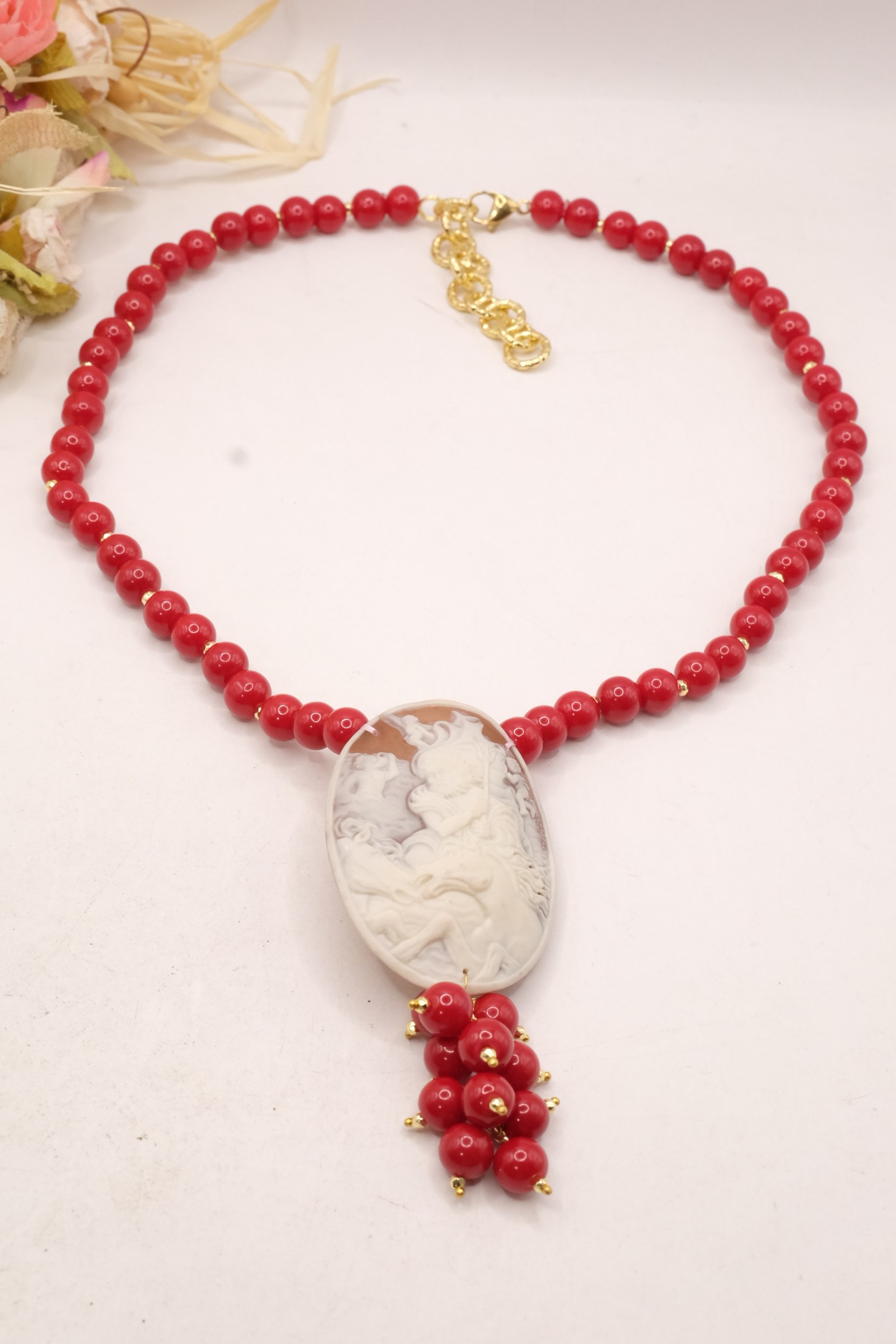 COLLANA ARTIGIANALE PASTA DI CORALLO ROSSO CAMMEO RESINA ACCIAIO (7)