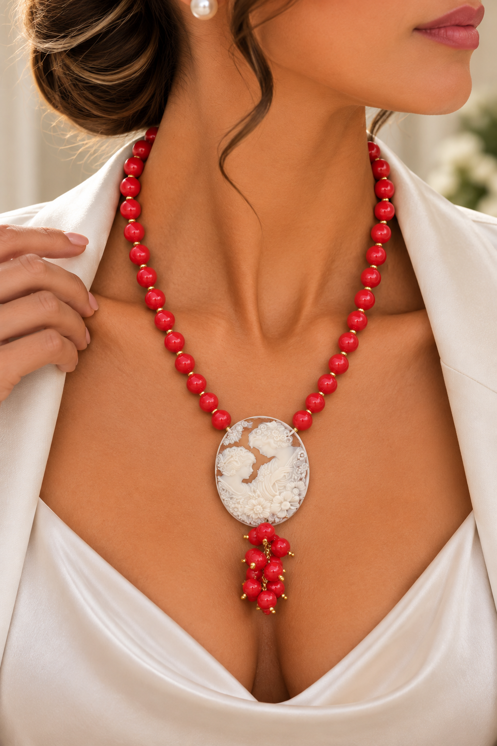 COLLANA ARTIGIANALE PASTA DI CORALLO ROSSO CAMMEO RESINA ACCIAIO