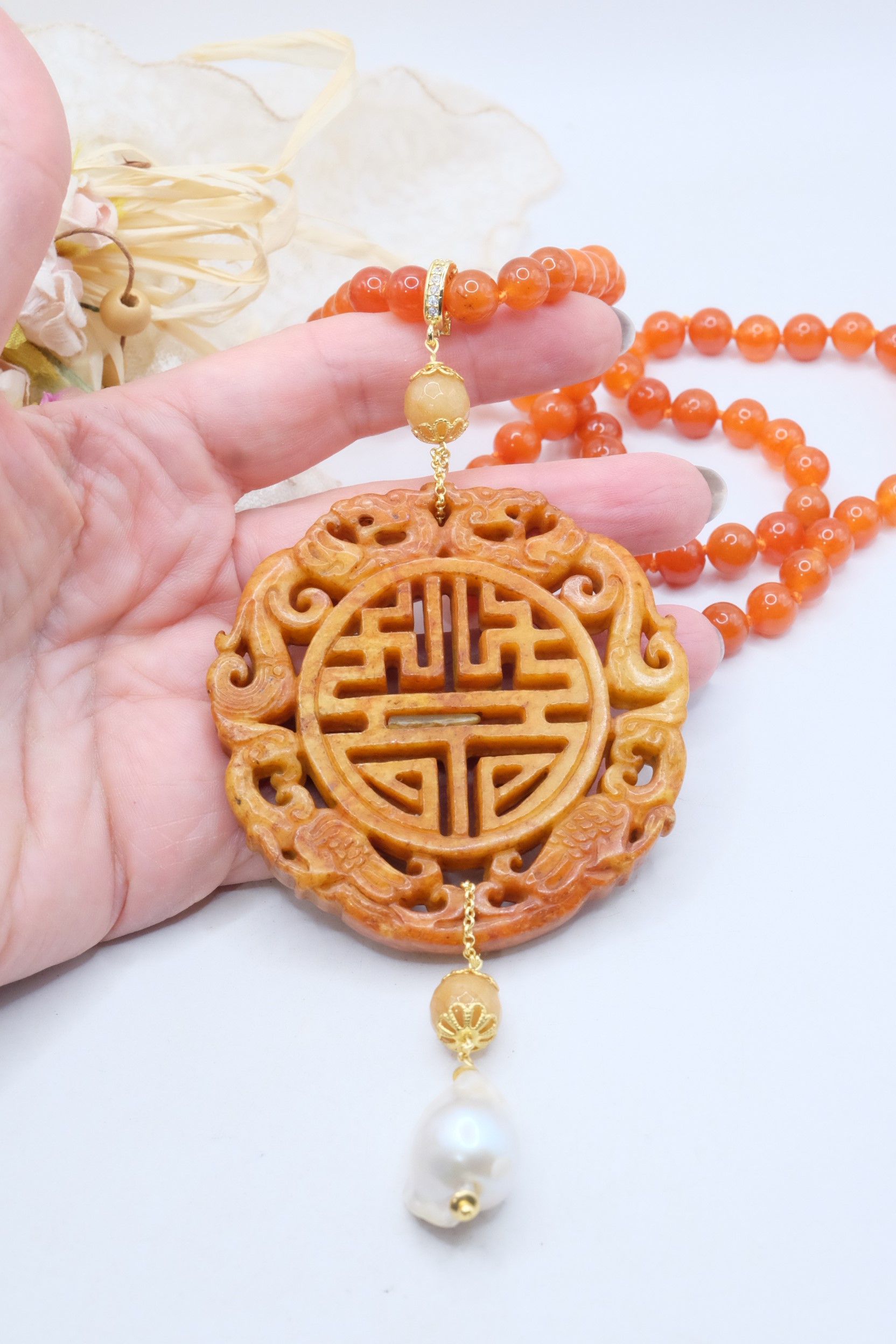 COLLANA CHARLESTON CHANEL MANDALA AGATA ARANCIONE PERLE ARTIGIANALE (1)